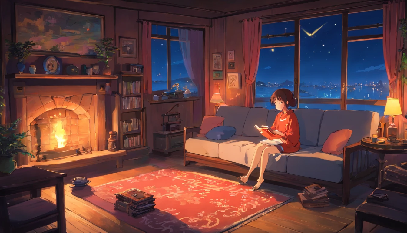 Girl listening to music in a cozy room at night, Usando fones de ouvido, Anime estilo 2D, Lo-fi, hd, Ambiente escuro