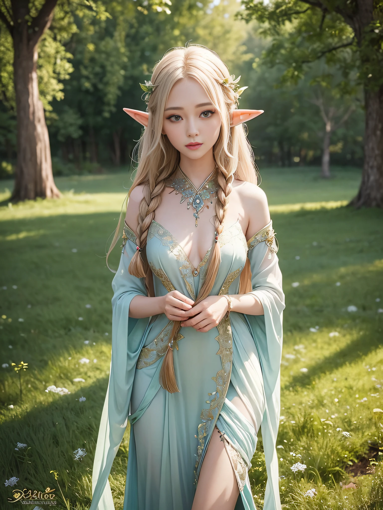 Elf, white skin like Chinese, 12 year old woman, fantasy world, flowers on background, blurred background, side-string, piercing ears, wet thin white cloth wrapped around body, live action, f/1.8, 85mm, canon, high detail, high resolution, 8k, 16k, covering breasts with white cloth, covering waist with cloth, bathing, wet thin clothes, smiling, fountain, sitting, necklace, hiding breasts with both hands, chest up, with upturned large tips, upper body, close up face, cleavage, big breast((Saggy breast:1.5))