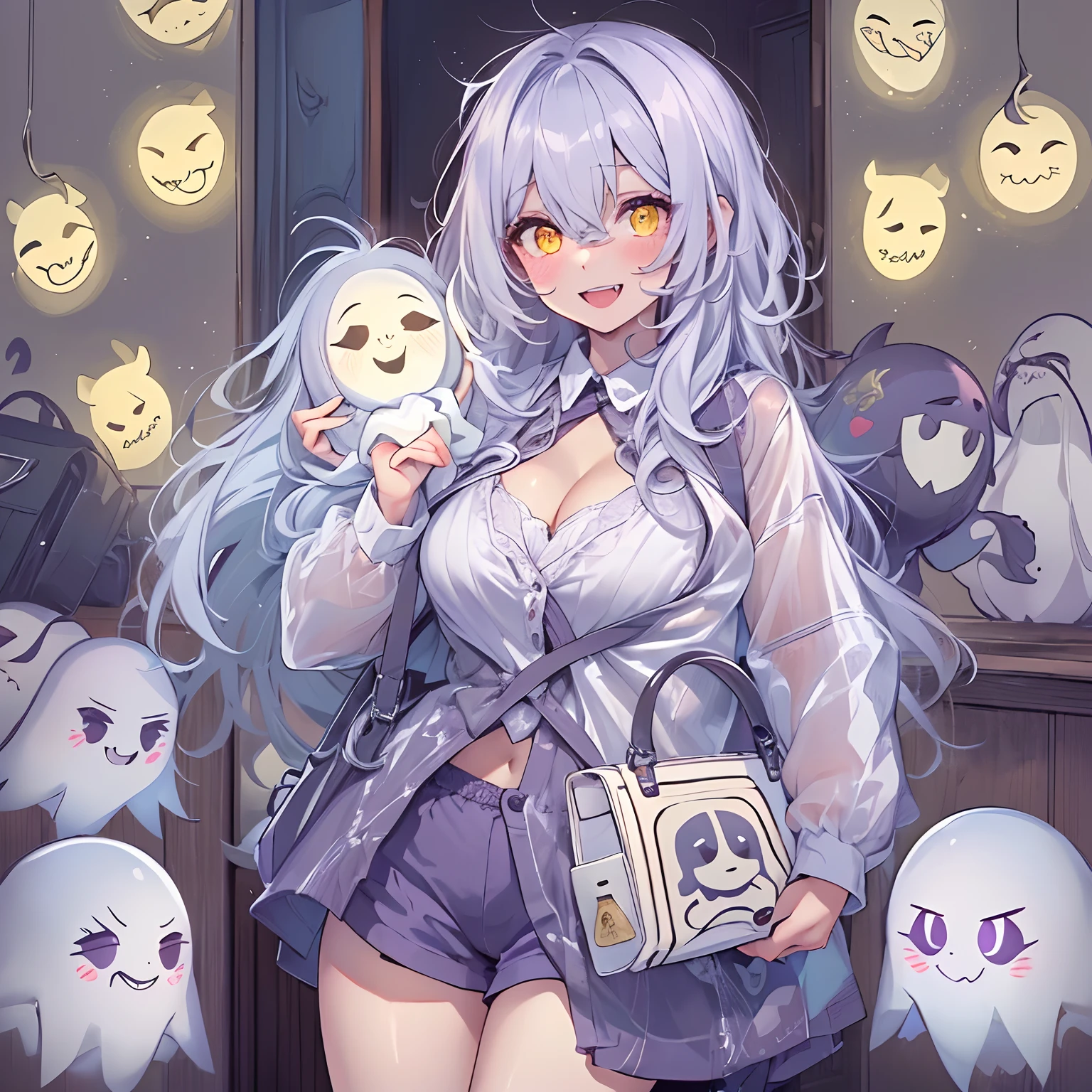 (((Masterpiece))), (((Best Quality: 1.4))), ((Super Detail: 1.4)) , adorable, innocent, yellow glowing eyes, highly detailed clothes, fangs, smiling, random hair style, random pose, blush, adult, big boobs, white hair, ((bags under eyes)), purple outfit, ghost,bags under eyes, ((ghost)),