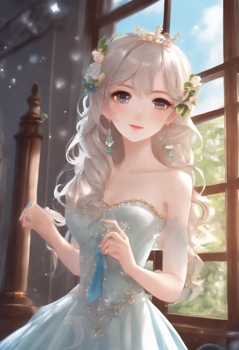 (Artwork), (amazing work), (indirect linear lighting), (Chibi-cute studios), (Gif anime bonito), (bonito bonito kawaii), (papel de parede extremamente detalhado da unidade CG 8k), (1girl) usando vestido bonito, cabelo azul longo com tiara babada bonito, usando luvas de seda, pele branca, olhos azuis verdes, (kawaii bonito)