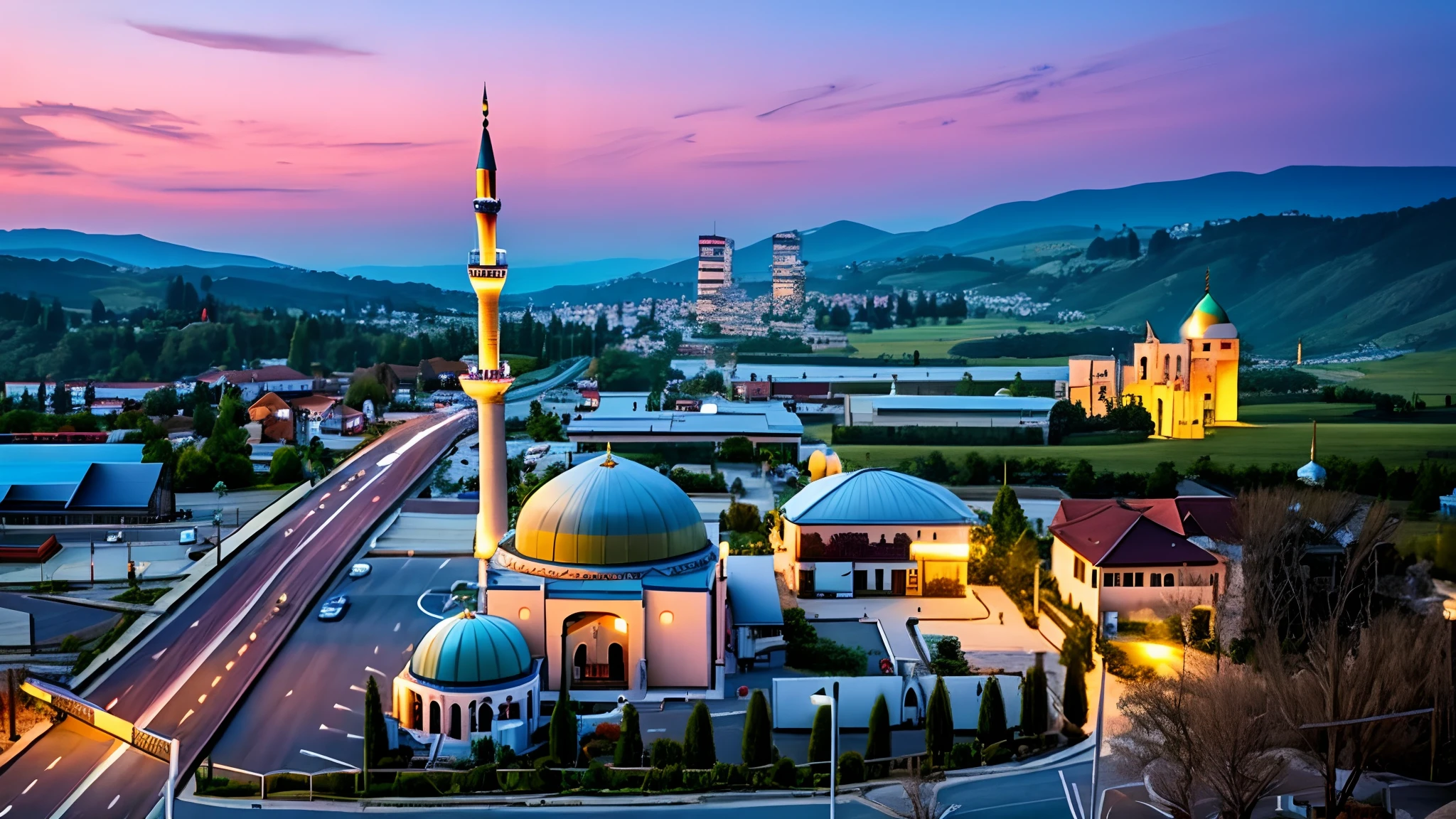 there is a modern mosque in the middle of a town, glass modern mosque, bosnian, view from above, seen from above, photo taken from above, modern, year 3000, with beautiful mosques, photo from above, beautiful image, surrounding the city, highway, modern buildings, villas, very modern