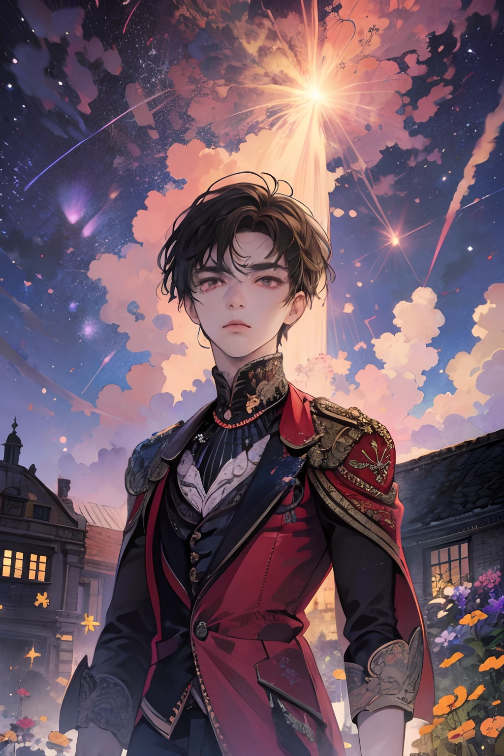 (((masterpiece))),best quality, 1male, night sky, meteor rains, city, flowers