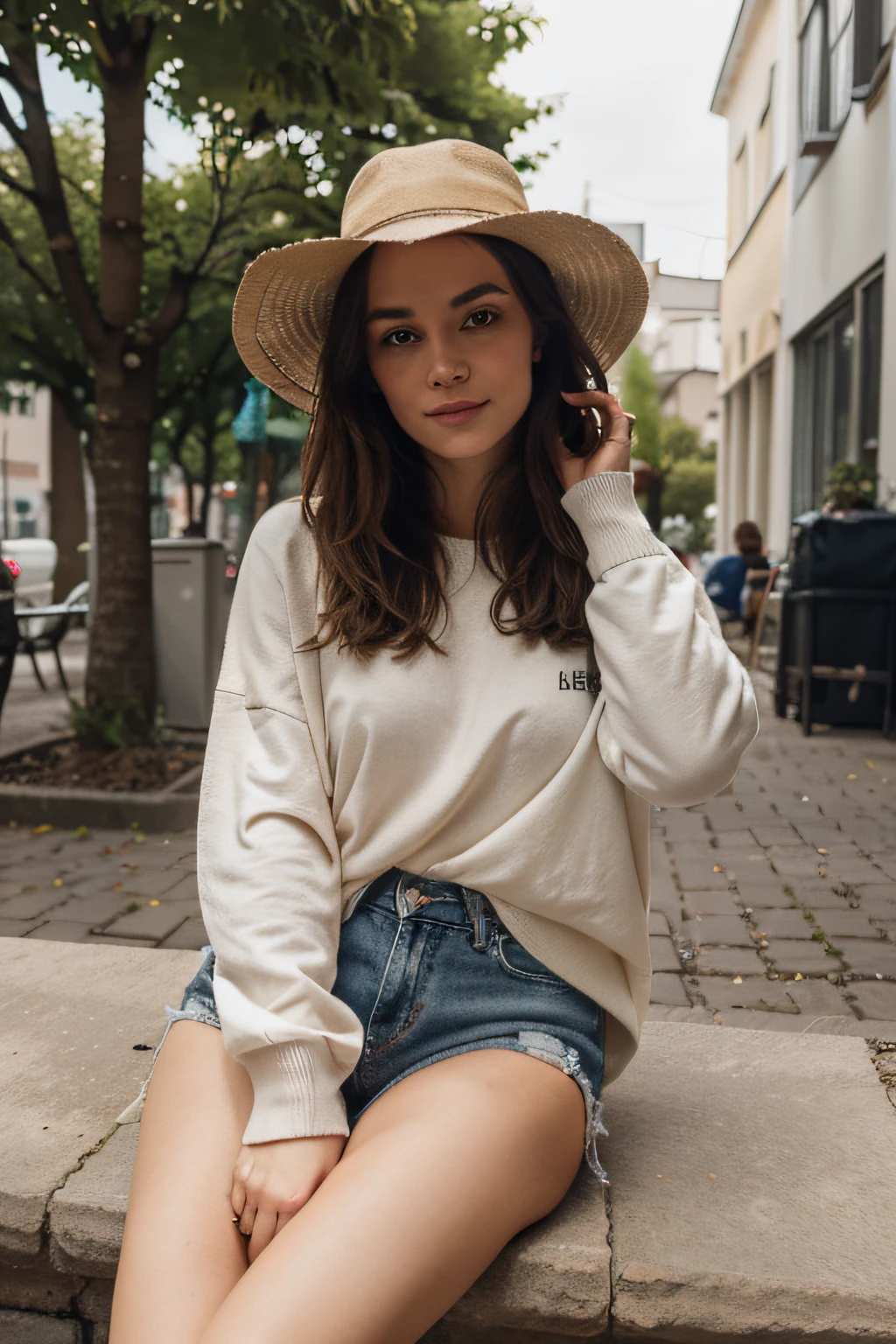 Frau, brunette, Instagram Story, Sit outside during lunch, Nachmittag, Sonne scheint, Hat Pullover und Jeanshosen an, 21 Jahre alt
