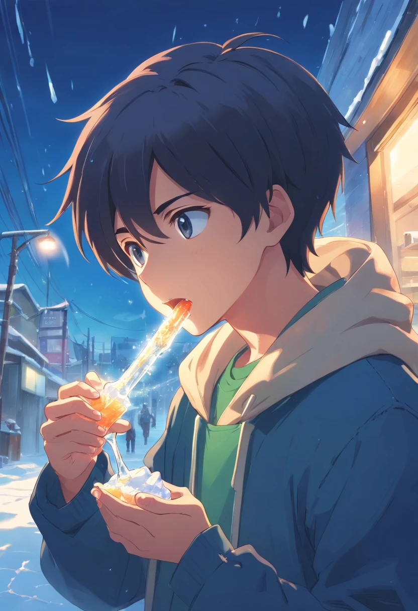 1 boy eating an icicle