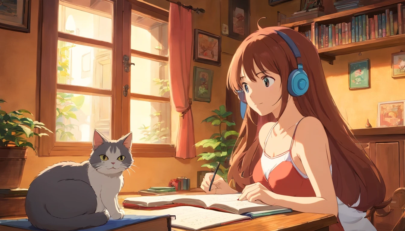 A girl wearing bra, studying and listening music with a round-eyed cute cat, in cozy room close window.