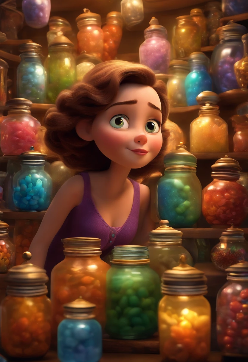 A collector of ideas inspired by Pixar animation, up close. She is surrounded by a collection of magical jars, each containing a unique idea. The focus is on the character, with a captivating facial expression, against a backdrop of sparkling, effervescent colors.