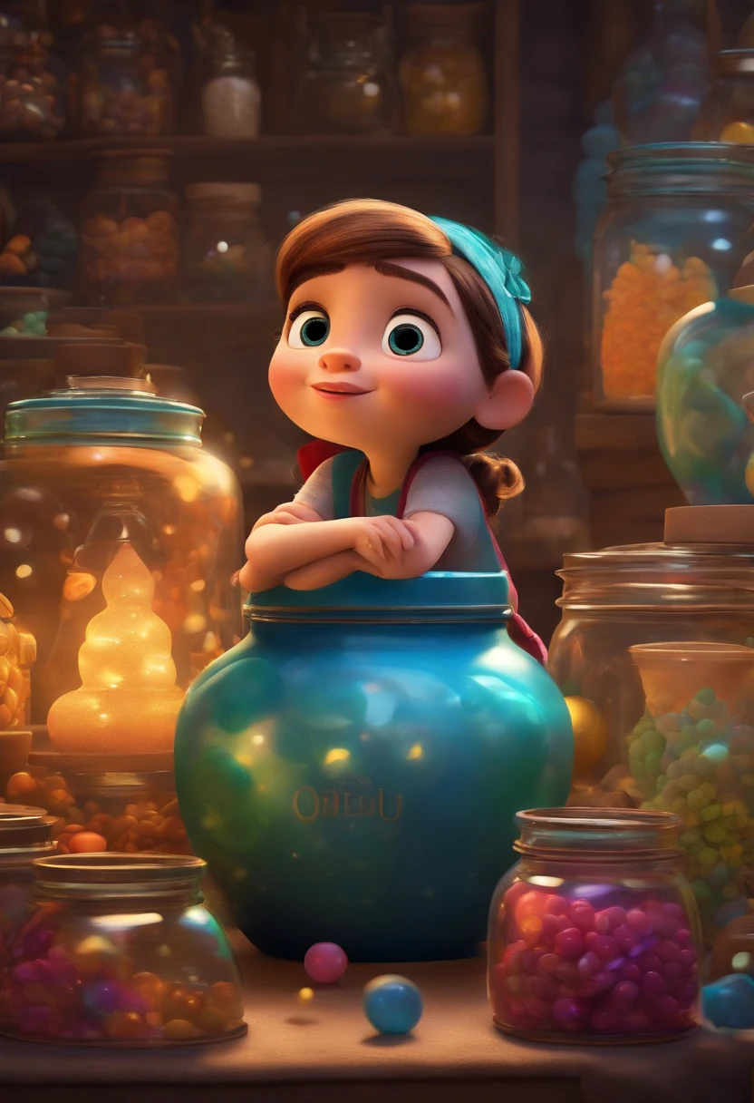 A collector of ideas inspired by Pixar animation, up close. She is surrounded by a collection of magical jars, each containing a unique idea. The focus is on the character, with a captivating facial expression, against a backdrop of sparkling, effervescent colors.
