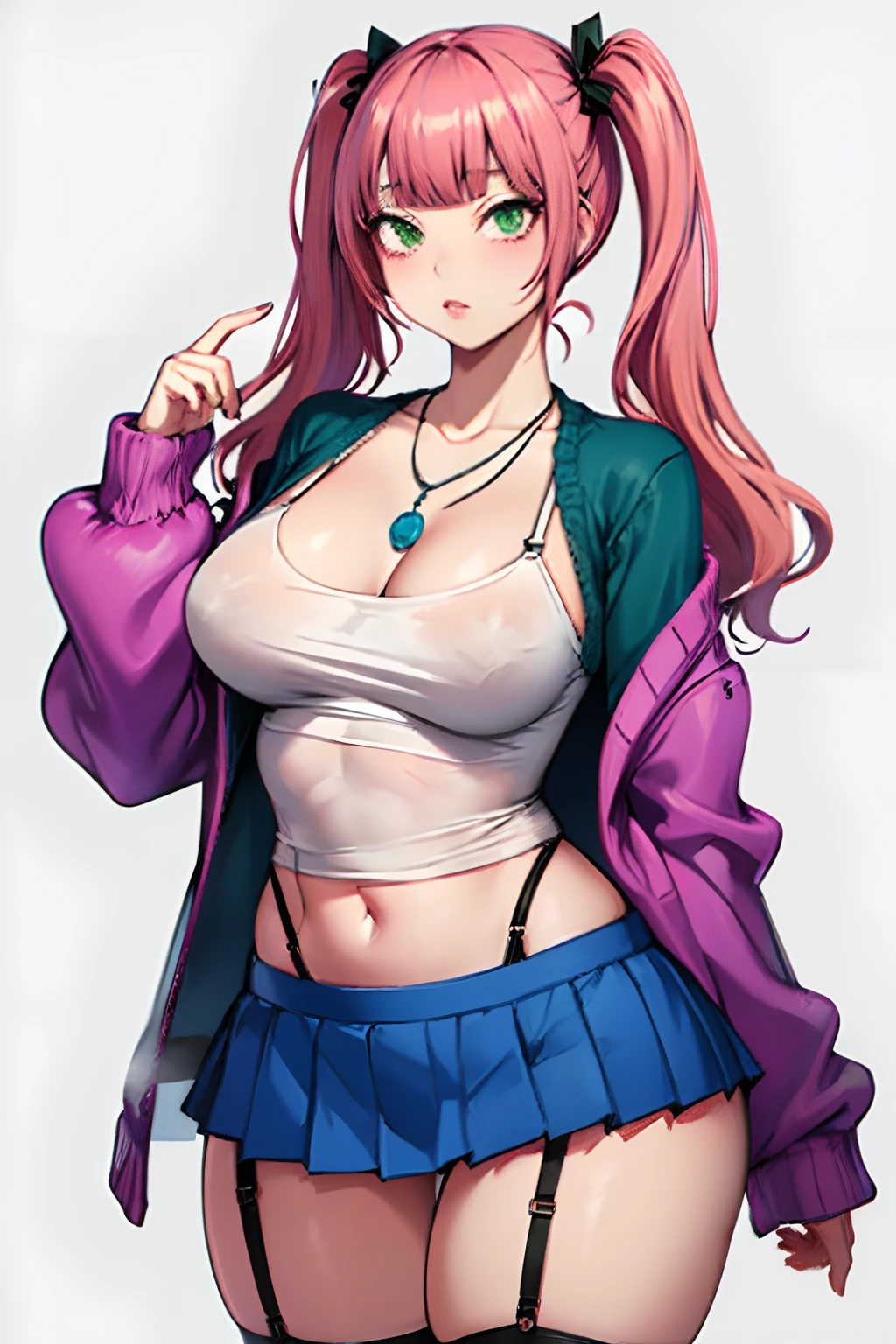 1girl, masterpiece, pink hair, asian, blunt bangs, long hair, twin tails, large breasts, miniskirt, cardigan, garter belt, midriff, necklaces, green eyes,