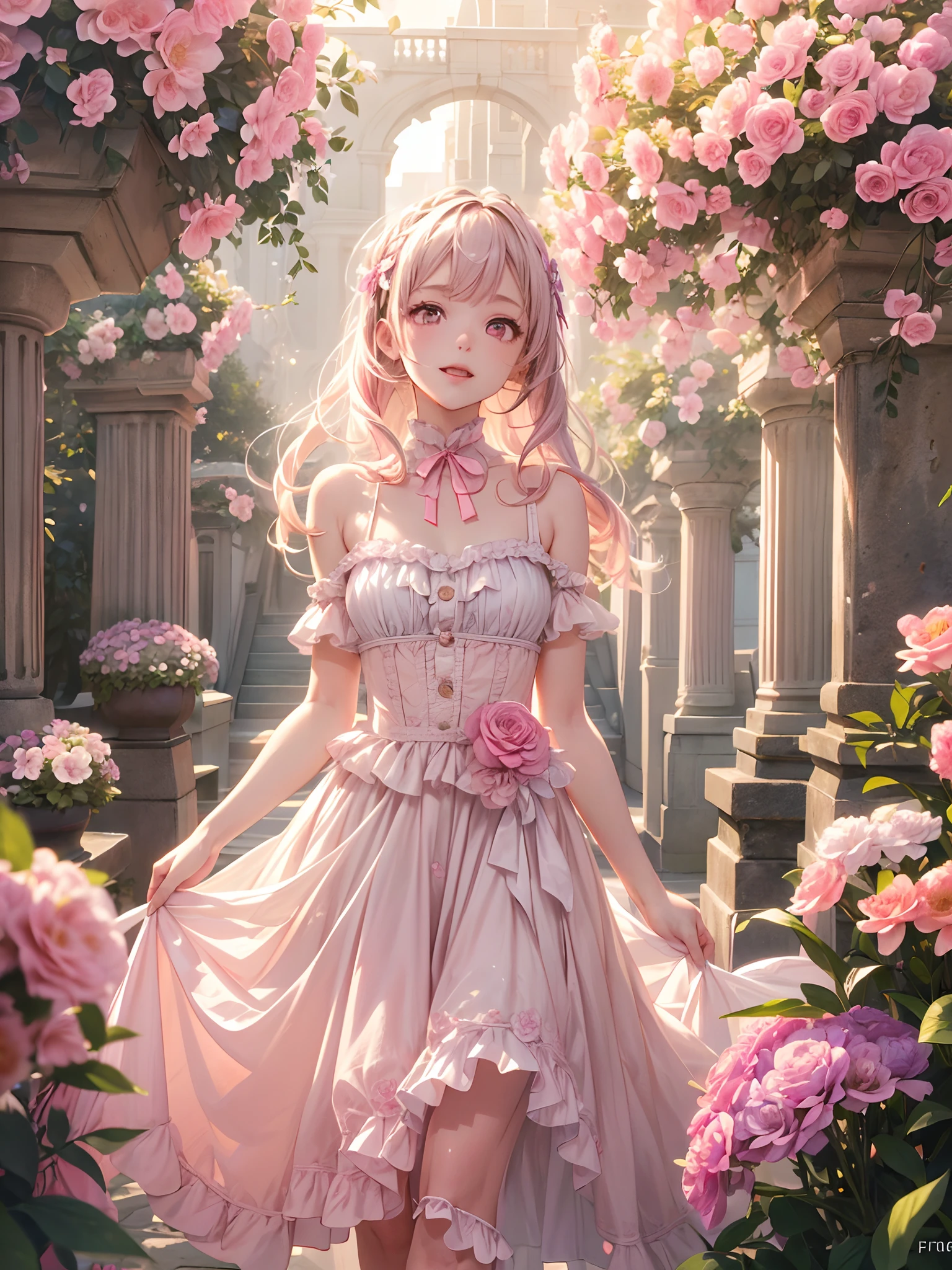 exquisitedetails, Highest quality 8K resolution, Ultra-detailed, Realistic, Vibrant colors, Soft tones, With warm and gentle lighting, (Beautiful Gothic Black Dress, Pretty Pink Ribbon, Beautiful frills:1.2),(Smooth straight pink hair:1.2),(Hair parted in the middle:1.2),(Glowing hair),(Pink eyes:1.3),Garden Girl,With an overflowing soft and gentle feeling,Visible emotions and specific emotions,(The promenade is full of flowers:1.3), Create colorful reflections.The sun's rays illuminate joy and pure love, Cast a warm golden glow on the girl's face,Free yourself from the hassles of this world. The atmosphere is full of happiness and laughter, It's like heaven、As if celebrating love,Create a combination of digital illustrations and photos, Sticking to ultra-detailed depictions and vivid colors. In a style that blends romanticism and realism、You can feel the depth of love. The color palette consists of soft pastel tones, Create an ethereal atmosphere like a dream. and the lighting is soft and diffused, Shine a gentle light on your face,The artwork is a masterpiece,