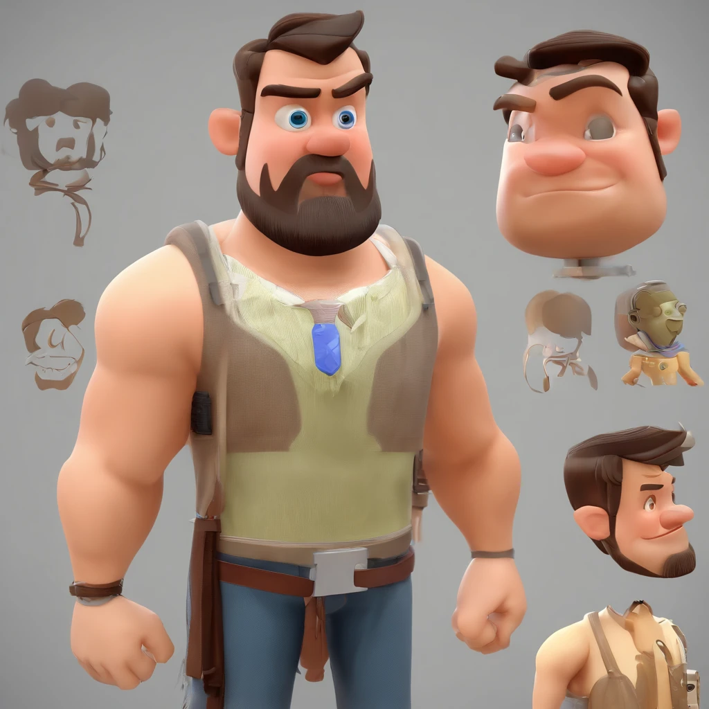 Criar um personagem no estilo Pixar. Trata-se de um homem de 44 anos, com barba, Branco, com cabelos castanhos curtos e um quiff, e olhos castanhos. Ele deve estar na frente de um computador, Trabalhar como designer