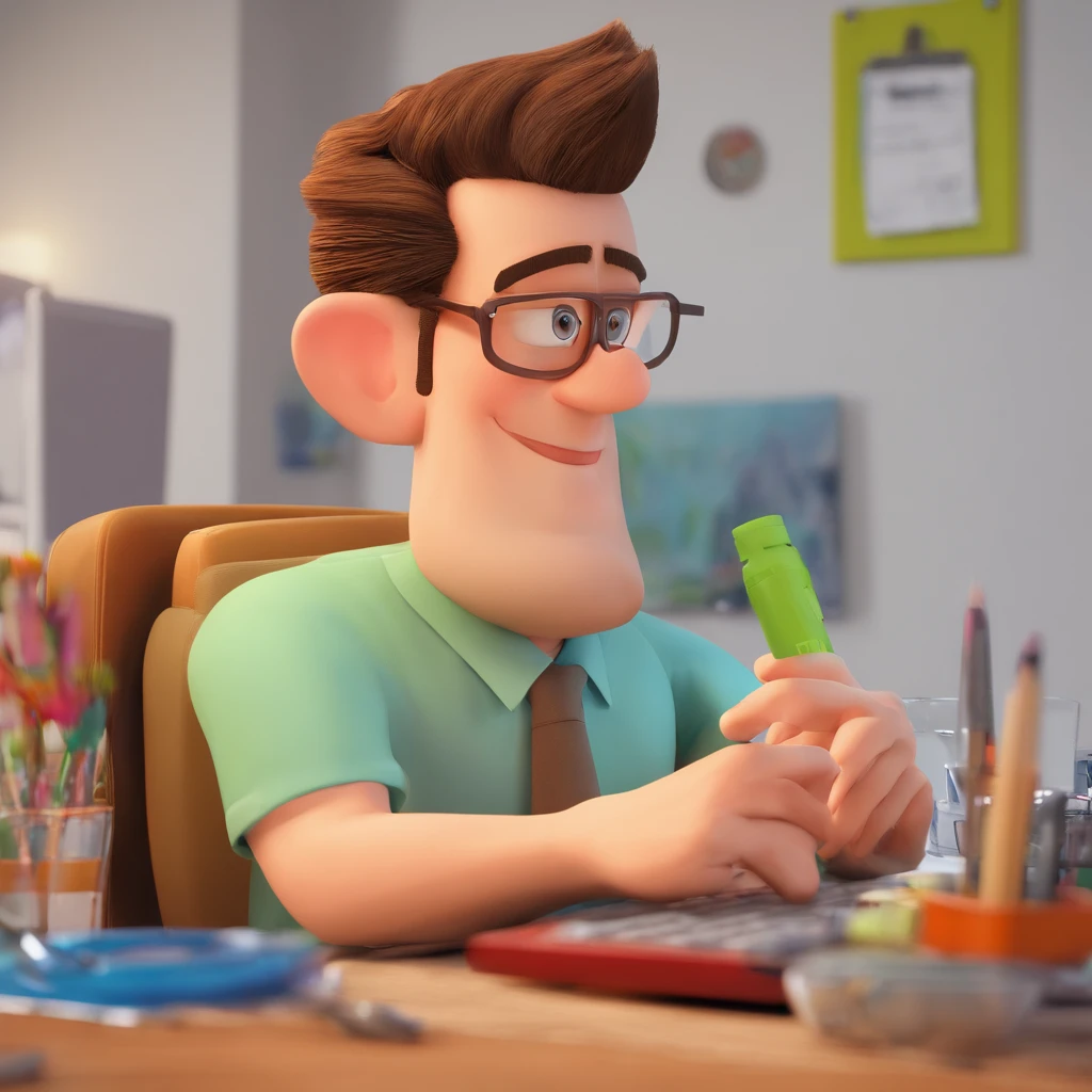 Criar um personagem no estilo Pixar. Trata-se de um homem de 44 anos, com barba, Branco, com cabelos castanhos curtos e um quiff, e olhos castanhos. Ele deve estar na frente de um computador, Trabalhar como designer