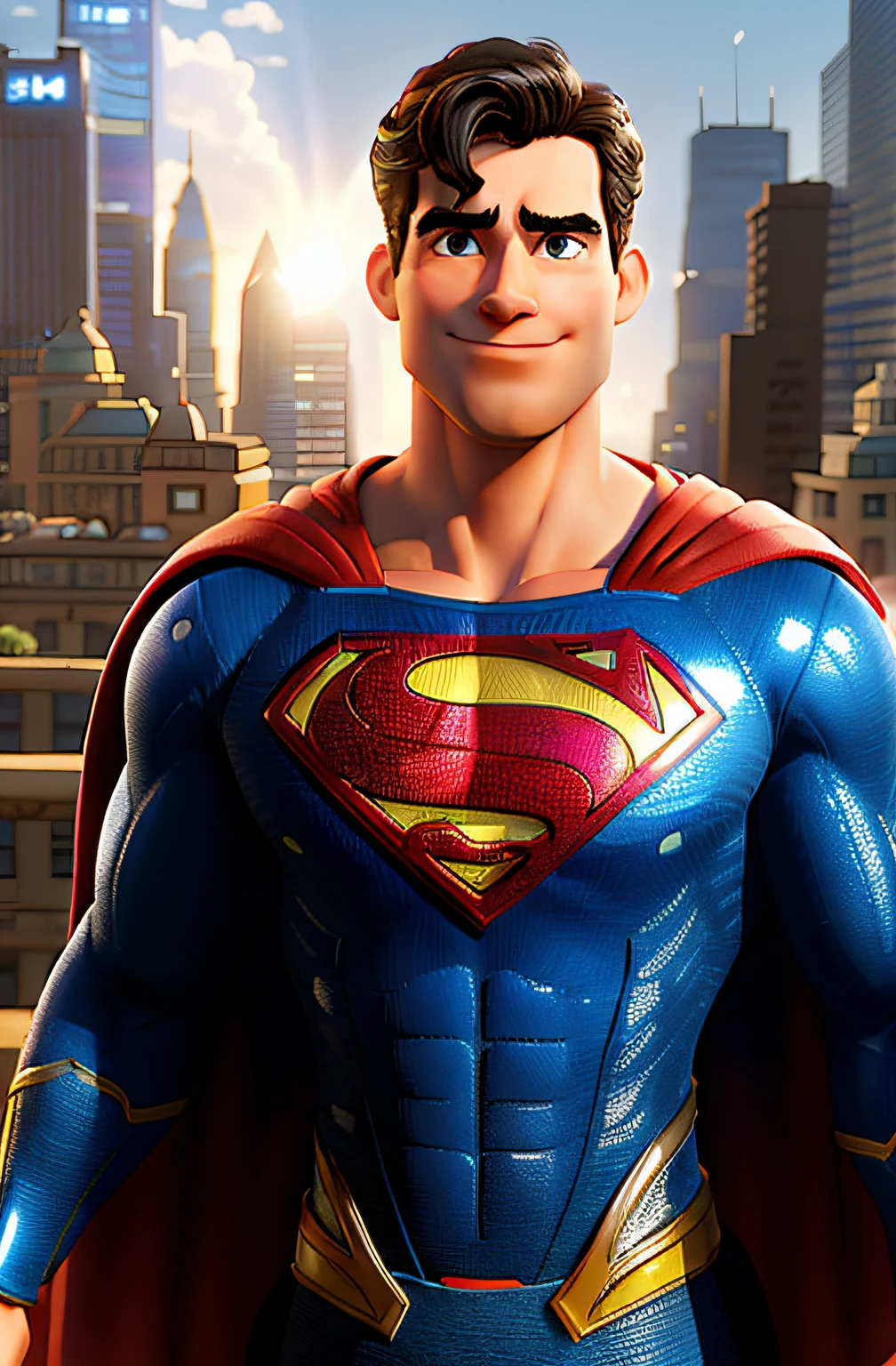 A strong Superman standing in front with a city in the background, iluminado pela luz do sol, tendo como pano de fundo a cidade de Metropolis, arte alta qualidade, Estilo Disney Pixar