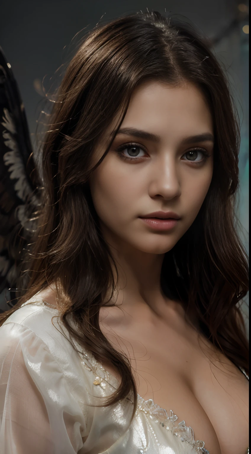 A girl with beautiful detailed eyes and lips, medium:oil painting, angeles beautiful detailed wings, angeles detailed facial expressions, angeles detailed clothes, angeles detailed hair, angeles detailed background, realistic:1.37, highres, HDR, studio lighting, vivid colors, dark and dramatic, ethereal glow.