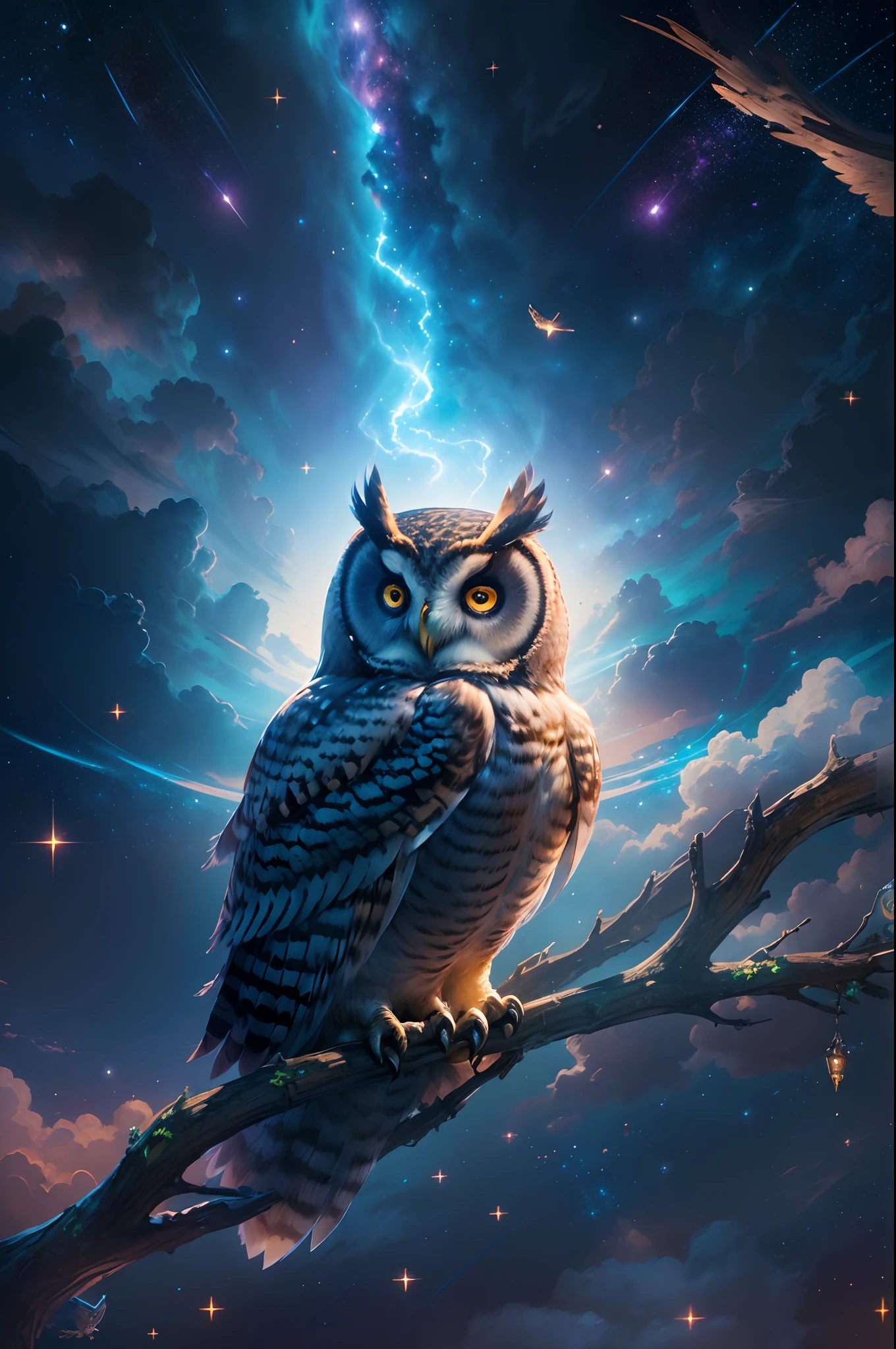 ((Best quality)) , ((Masterpiece)) , (Detailed) , (The owl of faith:1.3) , (((fantasy art))),It is young and trendy, (Stars in the sky), illustration, Rembrandt lighting, f/2.8, (starry tornado:1.2) , starry Nebula, Beautiful detailed sky,((the wallpaper)),(Colorful),Moody lighting,pixar-style,((Game CG)), 8K resolution