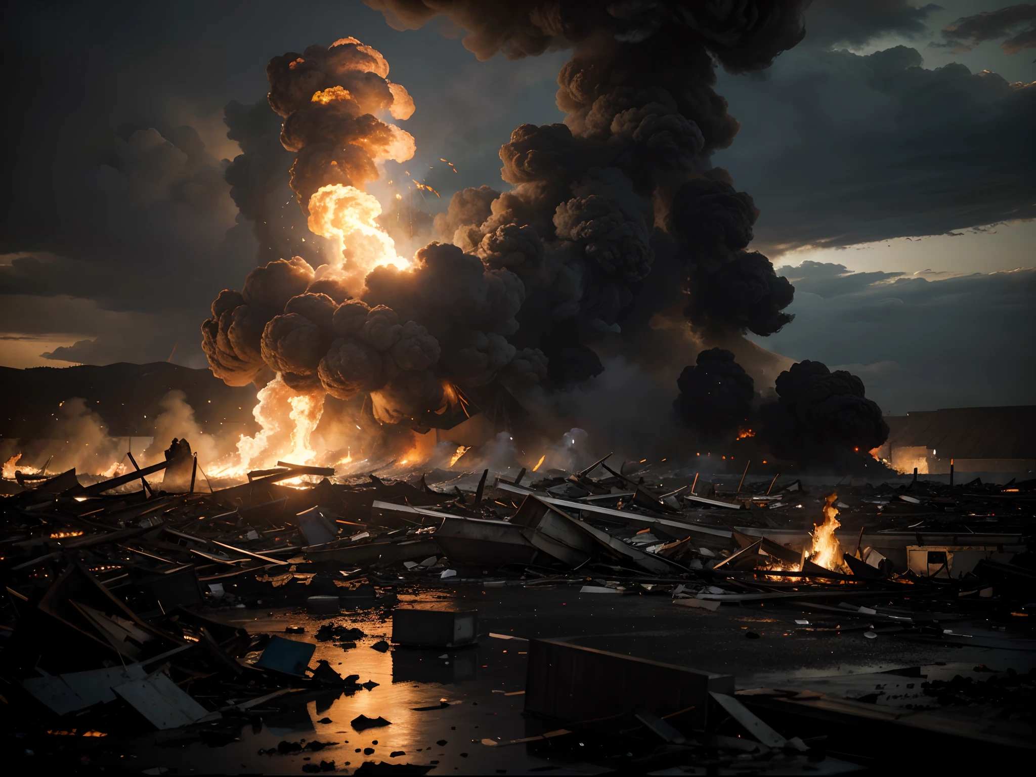 (best quality,4k,8k,highres,masterpiece:1.2),ultra-detailed,(realistic,photorealistic,photo-realistic:1.37),explosion,seaport,city,fire,smoke,chaos,debris,shattered glass,dramatic lighting,reflection on the water,destroyed buildings,dark clouds,flying debris,crowd running,screaming people,evacuation,emergency vehicles,police cars,firefighters,thick black smoke,rubble,devastation,panic,powerful shockwave,scattered objects,crumbling structures,explosive sound,blazing flames,ash-filled air,twisted metal,desolation,apocalyptic scene,thunderous explosion,terrified faces,plumes of fire and smoke,billowing smokestacks,oil tanks igniting,crashing waves,crimson sky,fireballs,swirling flames.