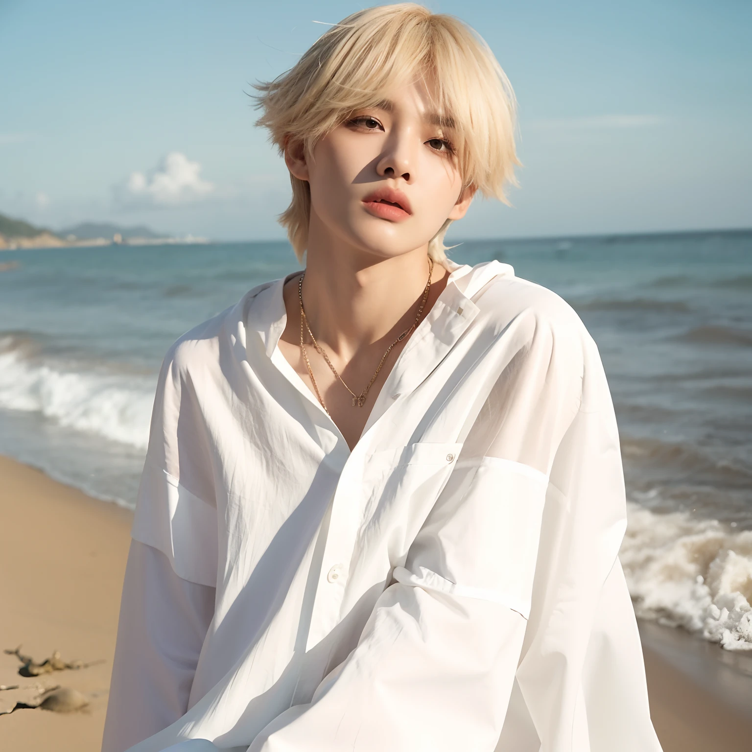 A closeup of a person standing on a beach near the ocean, tomboy cabelo platinado curto, Cai Xukun, Taehyung comendo batatas fritas Gucci, Hyung Tae, Inspirado em Jeonseok Lee, Janice cantou, Ulzzang macho, portrait of kpop idol, Hong June Hyung, Jung Jaehyun, com cabelos curtos, com cabelos brancos curtos e bobbed, jia