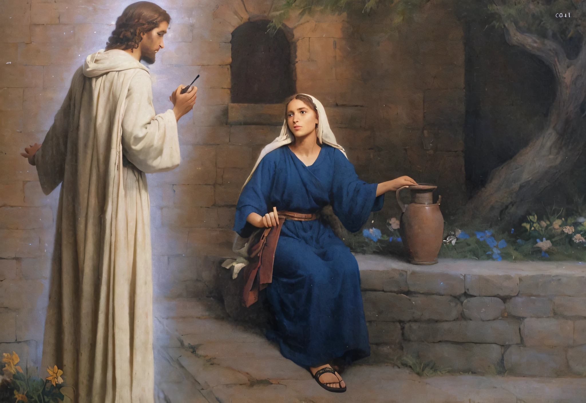 Painting of a woman sitting on a stone ledge next to a man, mary in a sanctuary, biblical painting, Directed by: John O'Gorman, Directed by: Carl Heinrich Bloch, Christian art, artista desconhecido, beautiful depiction, biblical art style, biblical art, Greg Olsen, Directed by: Antonio Ciseri, Directed by: Teodoro Maior, Directed by: Scott Gustafson, Directed by: Haroldo von Schmidt