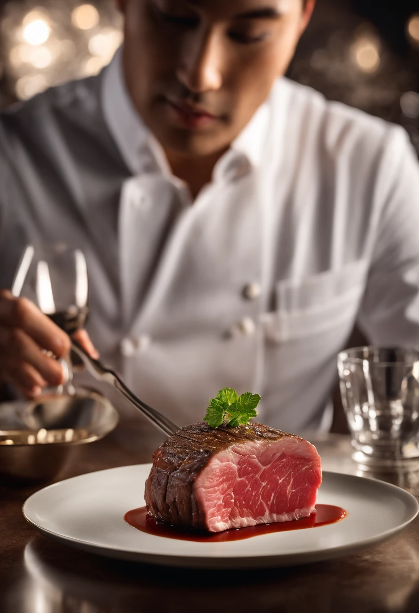 create a close up shot of raw thin slice beef for shabu next to a golden microphone, exuding tempting allure, at 3 Stars MICHELIN restaurant. This gourmet scene showcases clean composition, dramatic soft lighting, and luxurious elegance. The centered composition emphasizes the indulgent appeal. The evening setting, under the expertise of a food stylist, brings out the irresistible beauty of the high-end culinary creation. Use the Midjourney v5 with photorealism mode turned on to create an image that make people mouth wetering --ar 1:1 - Zoom Out by @marinered (relaxed)