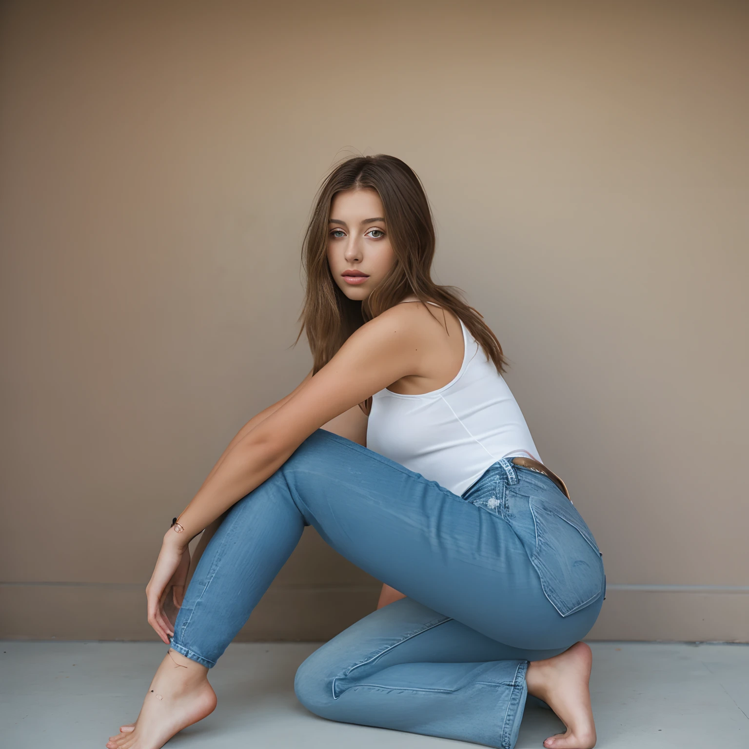 arafed woman in white tank top and jeans sitting on the ground, jeans, blue jeans, blue jeans. unreal 5, baggy jeans, wearing jeans, portrait sophie mudd, model posing, solo photoshoot, 2 4 year old female model, angela sarafyan, jeans and t shirt, denim jeans, casual pose, jeans pants