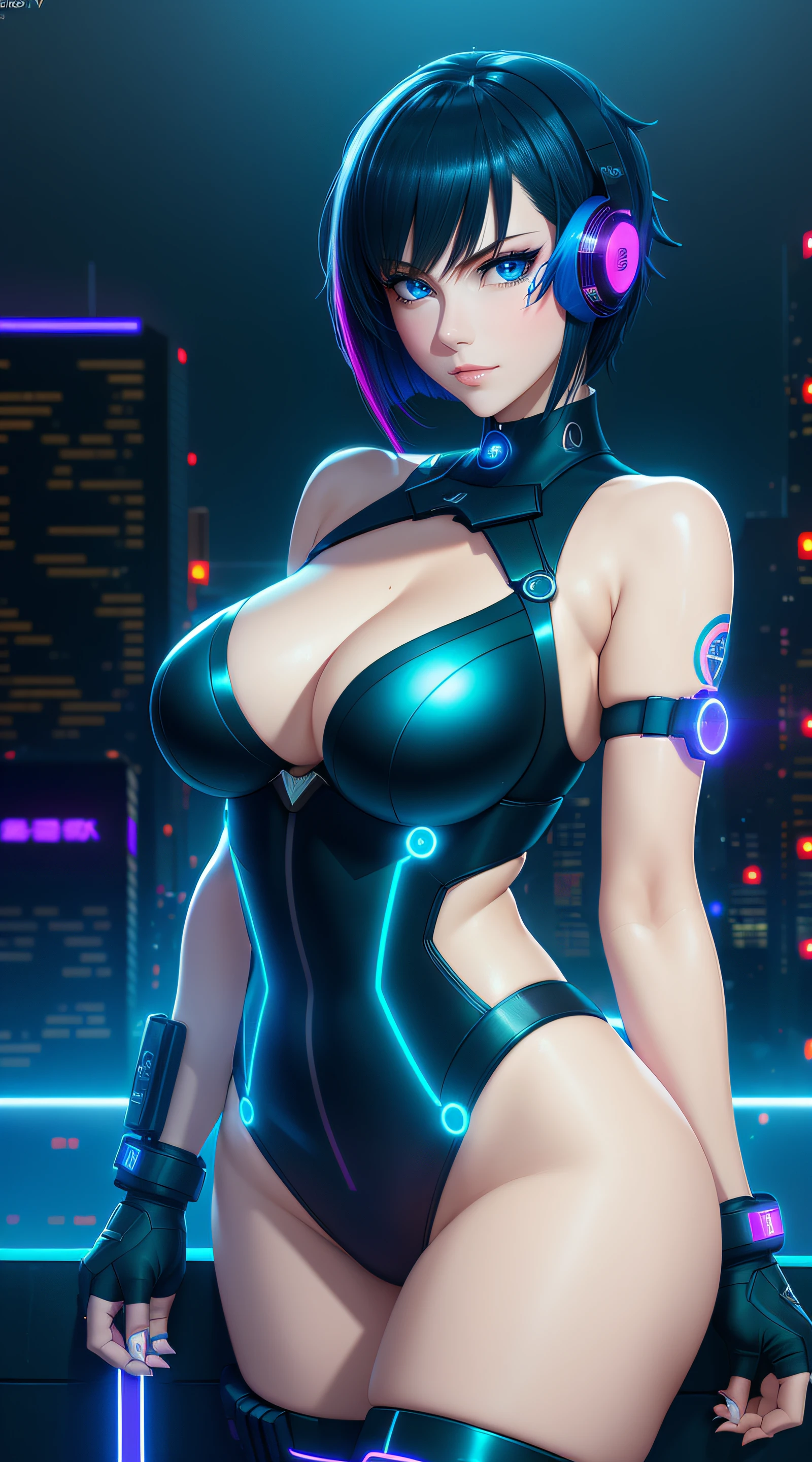 25-Year-Old Woman standing, Full Body, Adult, Dark Blue Water-Colored Eyes, Neon Lighting, Black Bob Short Hair, cyberpunk femme fatale, seductive cyberpunk dark fantasy, cyberpunk strip clubs, oppai cyberpunk, Serious Face, Realistic Face Resolution, Realistic, Object Resolution, (dark city night black background:1.4), deep cleavage, banner, high definition cgsociety, cgsociety masterpiece, trending on cgstation, kda