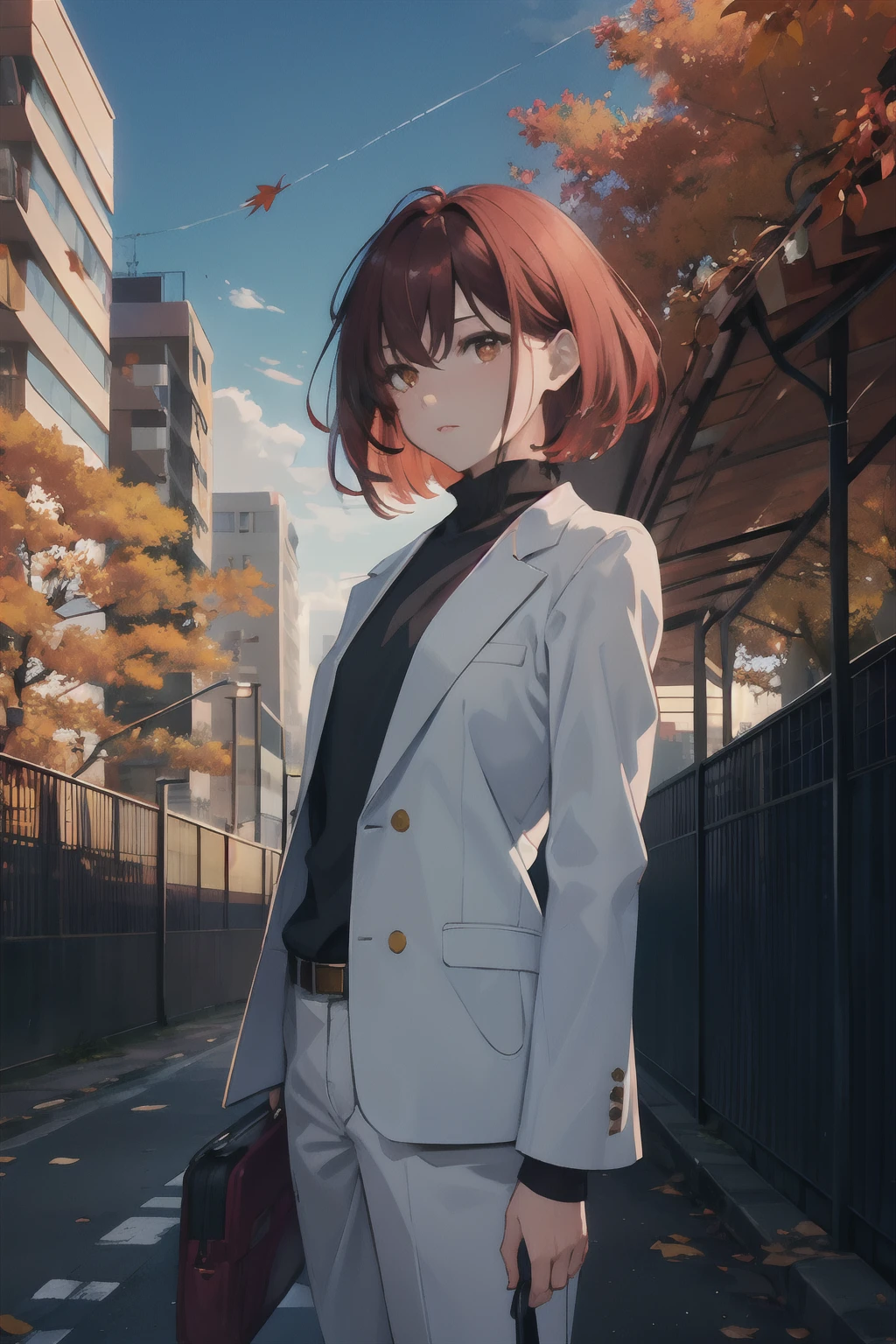 japan, high resolution, highest quality, illustration, ultra detailed, (detailed face), (detailed eyes), soft lighting, best quality, misty glow, dreamy atmosphere, hyper detailed, masterpiece, 1 girl, solo, dark red hair, brown eyes, white suit, bright eyes, medium chest, (colored), cowboy shot, outdoors, evening, clouds, high rise buildings in background, industrial, public transportation, urban, buildings concrete, concrete, sidewalk, busy, trees, autumn, falling leaves,