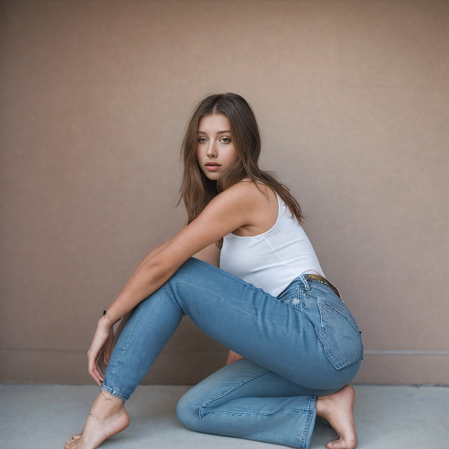 arafed woman in white tank top and jeans sitting on the ground, jeans, blue jeans, blue jeans. unreal 5, baggy jeans, wearing jeans, portrait sophie mudd, model posing, solo photoshoot, 2 4 year old female model, angela sarafyan, jeans and t shirt, denim jeans, casual pose, jeans pants