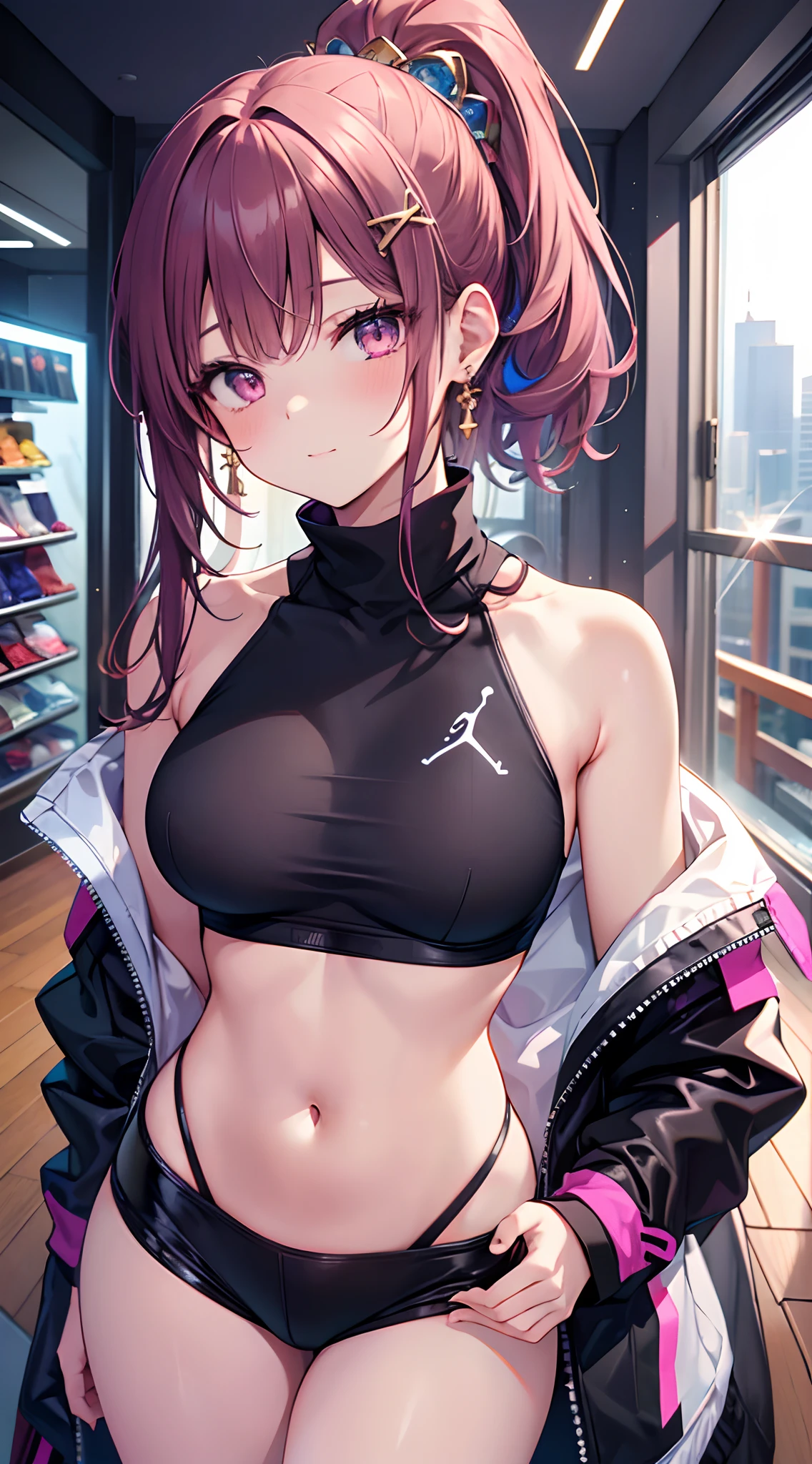 ((Masterpiece)), best quality, absurderes, ultra detailed, holographic, cowboy shot, golden ratio, super cute girl, mature girl, idol girl, super beautiful asian girl with very beautiful violet glowing eyes, beautiful glowing brown multicolored hair, high ponytail, nice and sexy body, slim body, perfect body, wearing a super tight anime printed leotard, an anime printed super tight off shoulder long sleeve crop top, a super aesthetic transparent mini jacket, beautiful hair ornament, pink jordan tennis, being photographed in a mall shop, pulling down shorts showing thong panties
