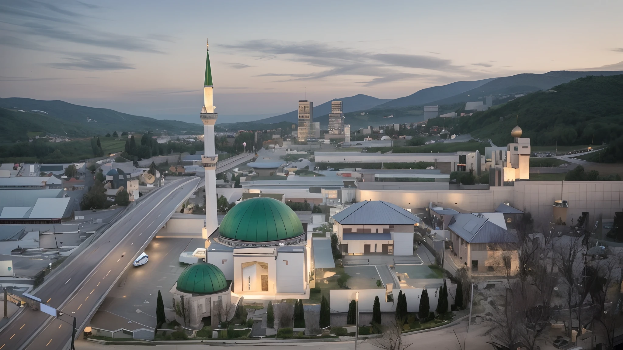 there is a modern mosque in the middle of a town, glass modern mosque, bosnian, view from above, seen from above, photo taken from above, modern, year 3000, with beautiful mosques, photo from above, beautiful image, surrounding the city, highway, modern buildings, villas, very modern
