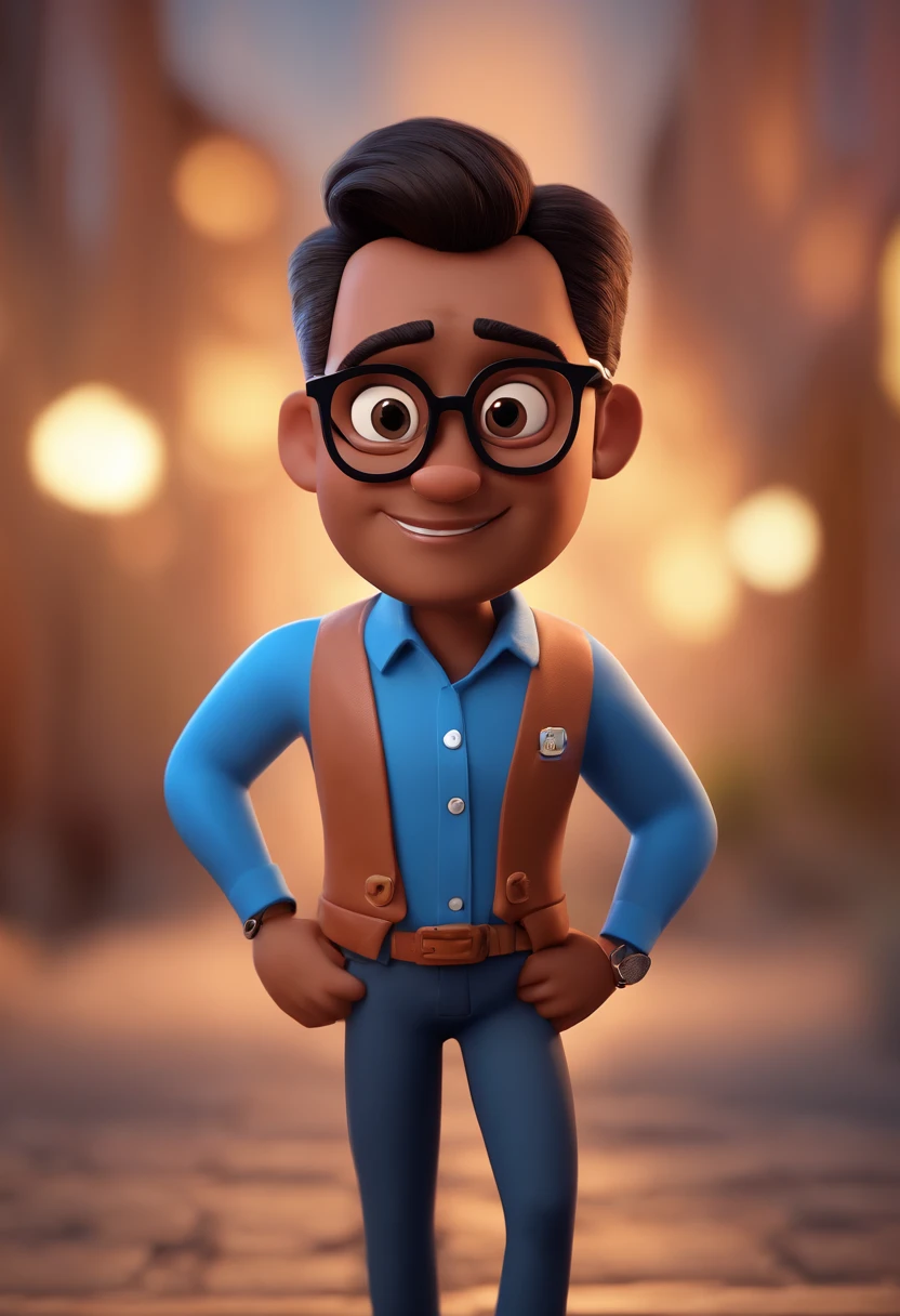 Cartoon character of a man with black glasses and a blue shirt, animation character, Caractere estilizado, animation style rendering, 3D estilizado, Arnold Maya render, 3 d render stylized, toon render keyshot, Personagem 3D, Personagem 3D, 3d rendering stylized, 3 d character render, personagem de desenho animado, Personagem de close up, Pose de personagem, (Estilo Pixar) (master part:1.2) (Bokeh) (best quality) (pele detalhada) (textura detalhada) (8k) (argila) (Cinematic lighting) (foco nítido