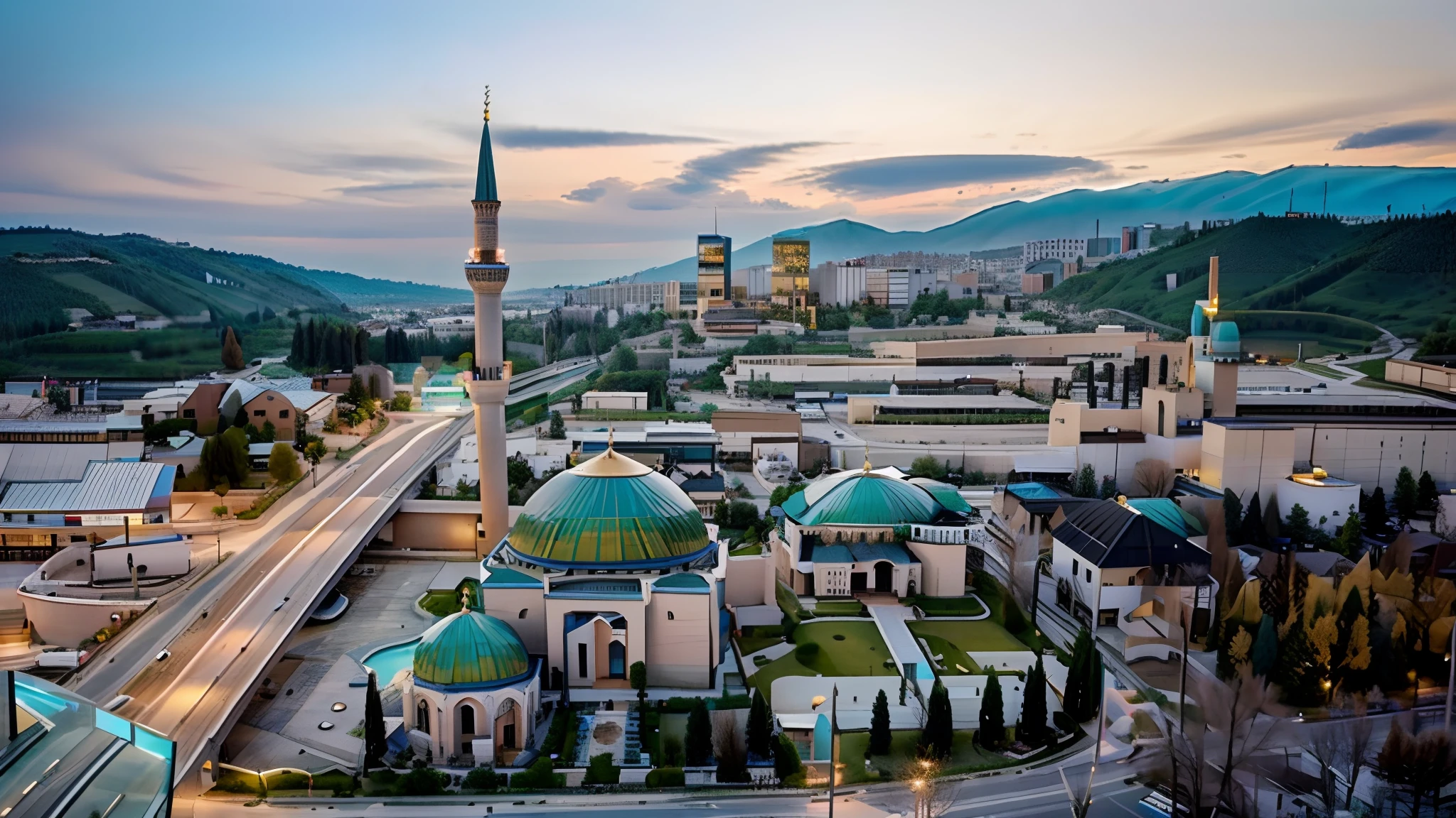 there is a modern mosque in the middle of a town, glass modern mosque, bosnian, view from above, seen from above, photo taken from above, modern, year 3000, with beautiful mosques, photo from above, beautiful image, surrounding the city, highway, modern buildings, villas, very modern