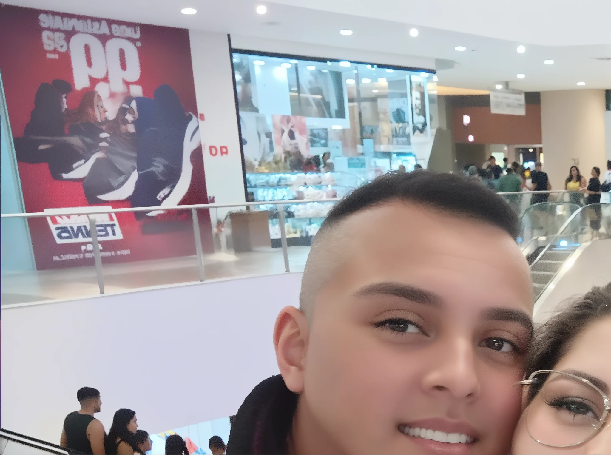 They are posing for a photo in a mall with a man and a woman, em um shopping, em um shopping, Casal feliz, Directed by: Nandor Soldier, par, david rios ferreira, 4 k post, Postagem 4k, Foto realista, In Sao Paulo, imagem de qualidade muito baixa, shopping, foto de baixa qualidade, aparecer em um shopping center