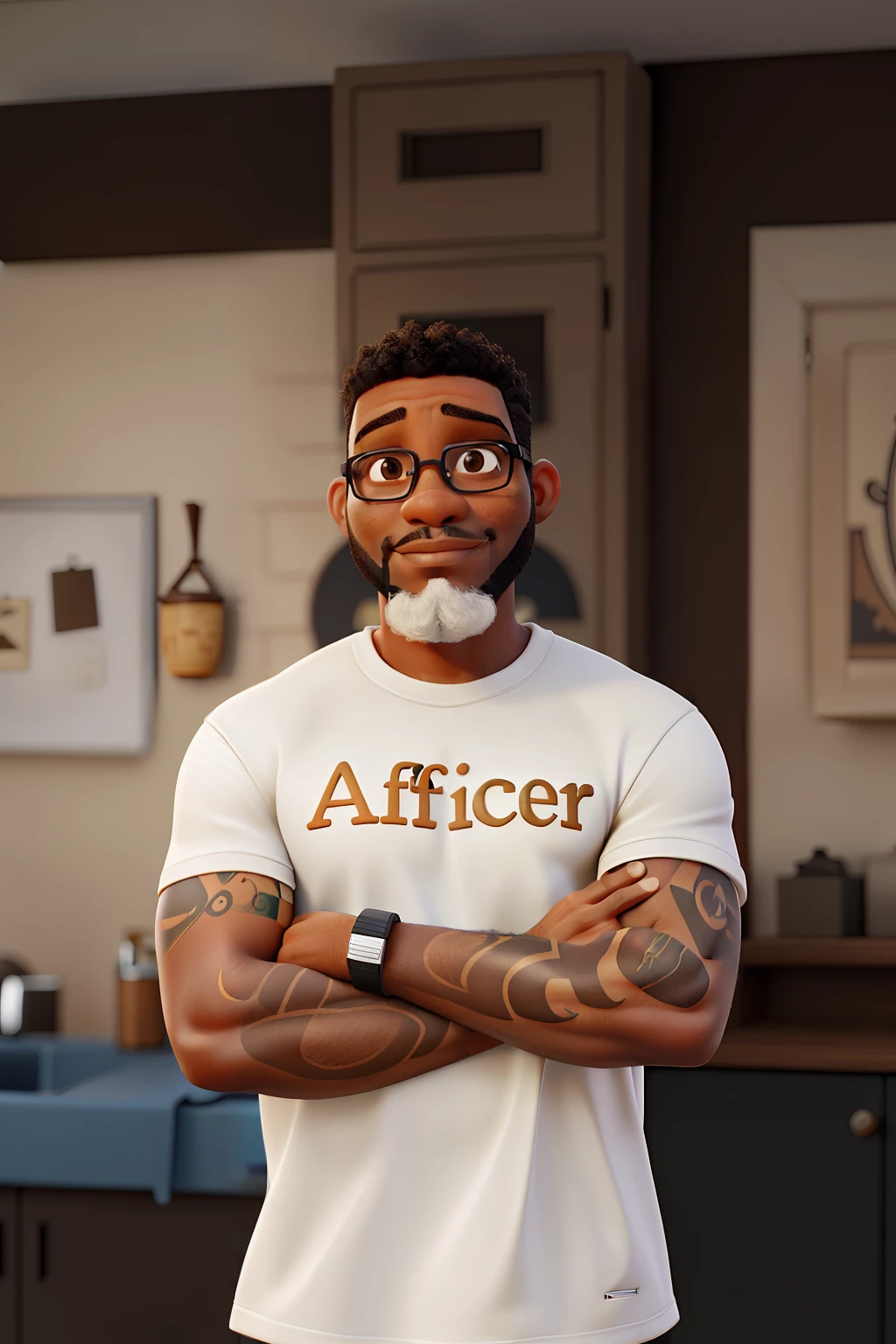 A 40-year-old African-American man with brown oils, low hair shaved from the sides of square and silver-cord grail glasses