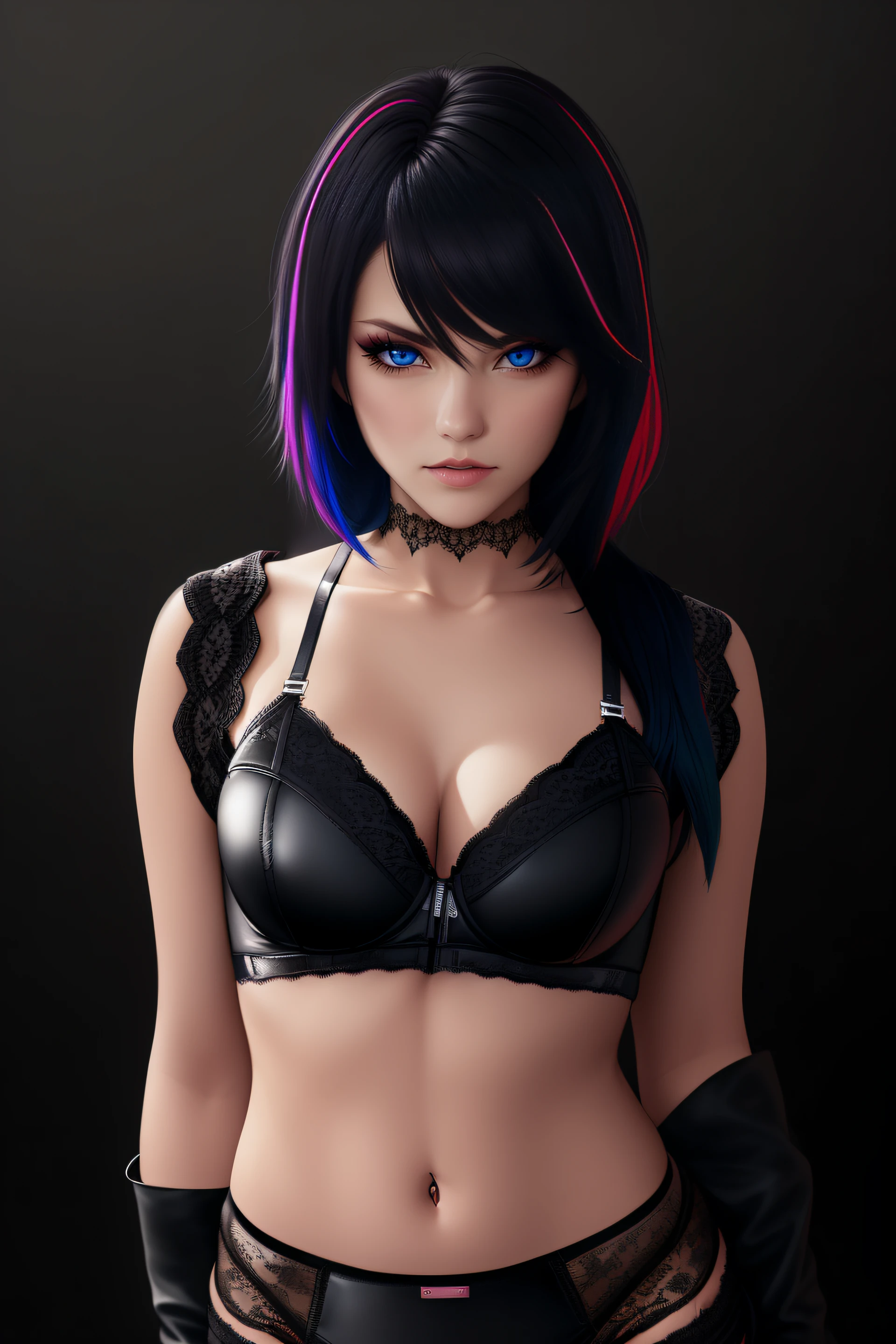 25-Year-Old Woman, short bright neon streaked black hair, (seductive pose:1.2), black eyeshadow, (lace underwear:1.4), (high heel leather boots), (dark city night black background:1.4), Serious Face, Realistic Face Resolution, Realistic, Object Resolution