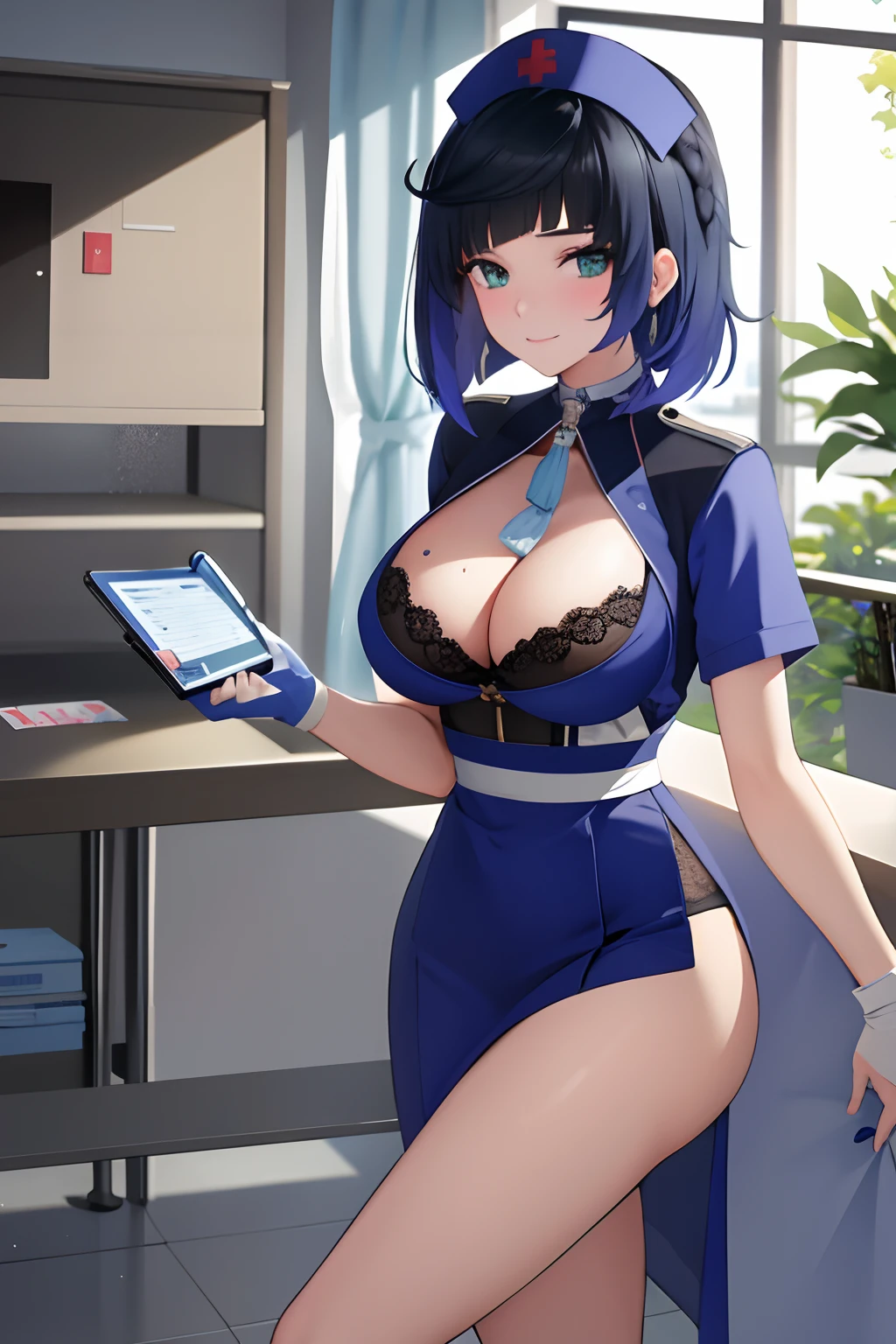 master piece, beste-Qualit, detailded, seulement, 1fille, nurse, bas, seductive pose, nurse cap, rideaux de poitrine, Gants, Souriant, attentive, compatissant, interagir, amical, chaleureux, hospital, Medical Clinic, nursing position, chevet du patient, salle de traitement, Medical equipment, fournitures, hospital beds, moniteurs, medicaments, patient, Colleagues, traditionnel, bleu clair, protecteur, background, cadre, medical, clinique, chevet, traitement, equipment, fournitures, hospital bed, moniteur, medicaments, masque chirurgical, Cheveux courts, seins moyens, beaux yeux bruns, décolleté, gros seins, transpiration, rougissement, respiration lourde, masque chirurgical, Medical gloves, lingerie, bas, seductive pose, (Pluie), rideaux de poitrine,