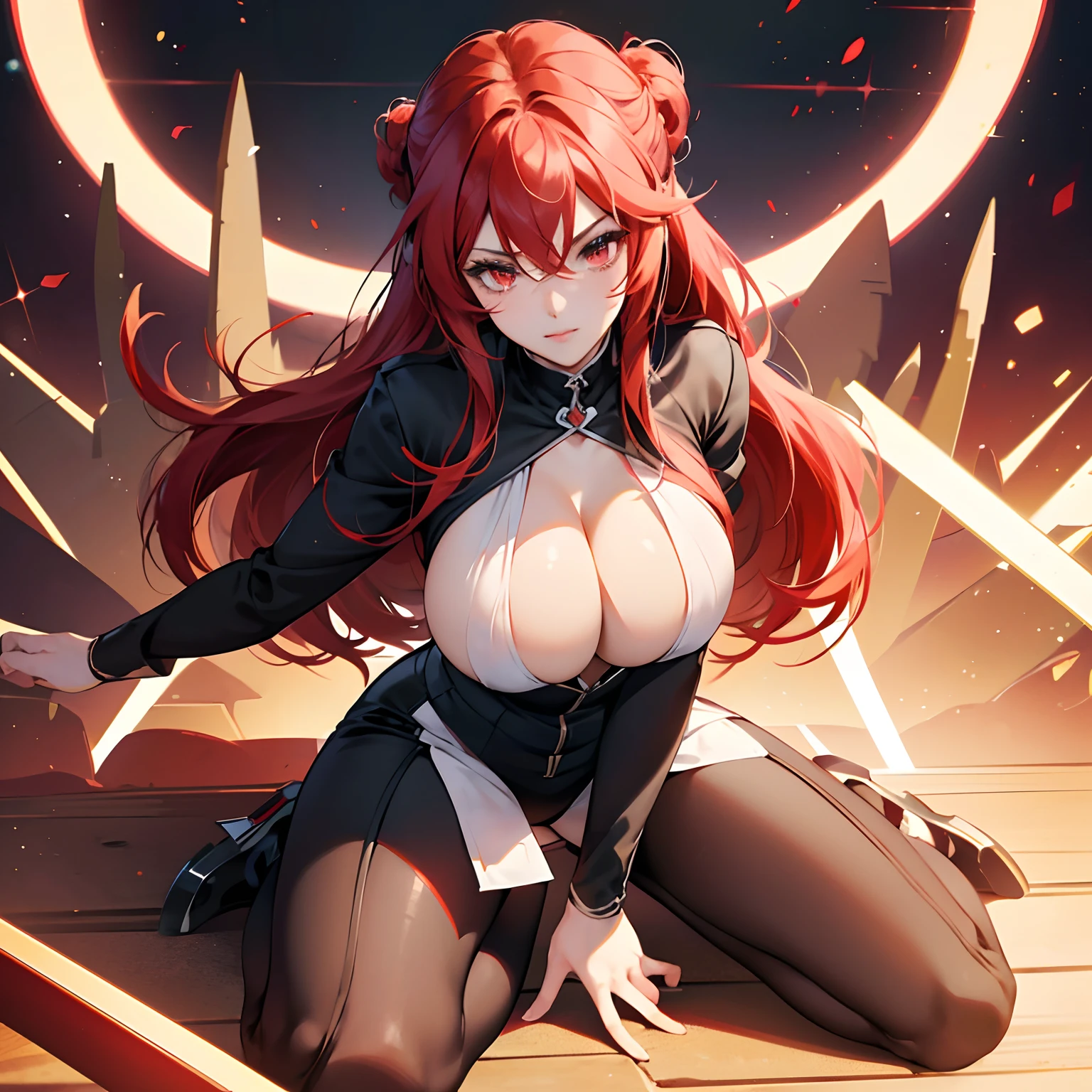 Rias gremory, beautiful woman hair updo upsweep, red head, (spreading legs), (full body clothes:1.3), sexy figure, (big boobs:1.3), (cute),(masterpiece) (best quality) (detailed) (8k) (HDR) (Anime) (cinematic lighting) (sharp focus)