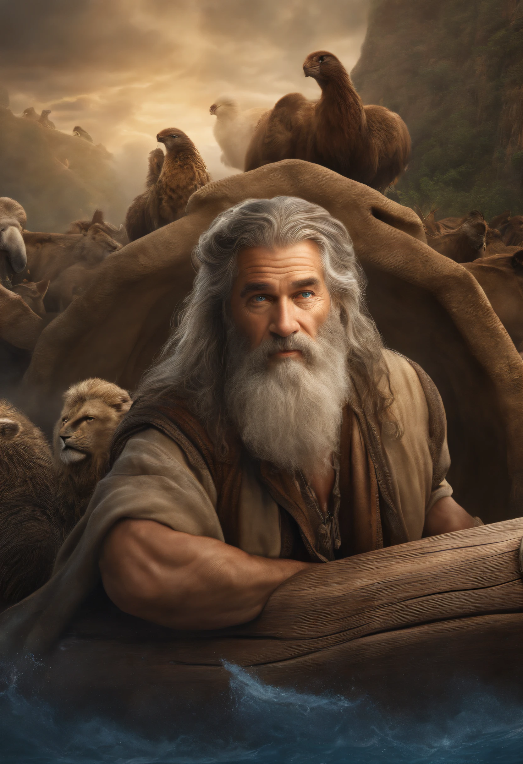 Very high quality, Striking details, super high resolution, (Fidelity: 1.4), the best illustration, Favor details, Noah style man and his ark, with an aged face and long hair, blue eyes.