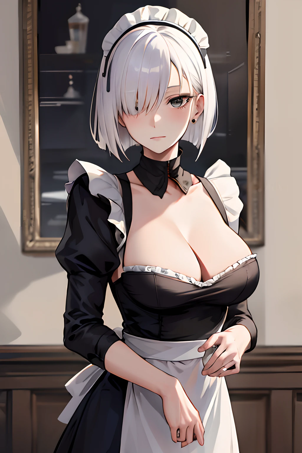 masterpiece, best quality, highres, fiona1, spy x family, hair_over_one_eye, solo, earring, breasts, expressionless, cowboy shot, maid, maid headdress, own hands together, cafe,