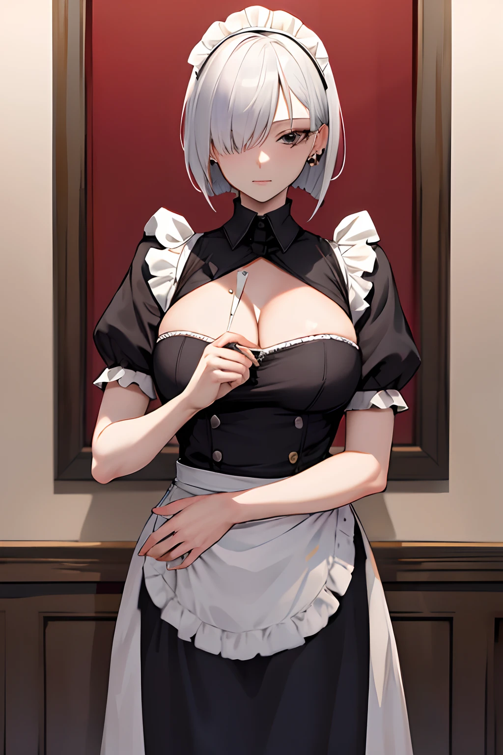 masterpiece, best quality, highres, fiona1, spy x family, hair_over_one_eye, solo, earring, breasts, expressionless, cowboy shot, maid, maid headdress, own hands together, cafe,