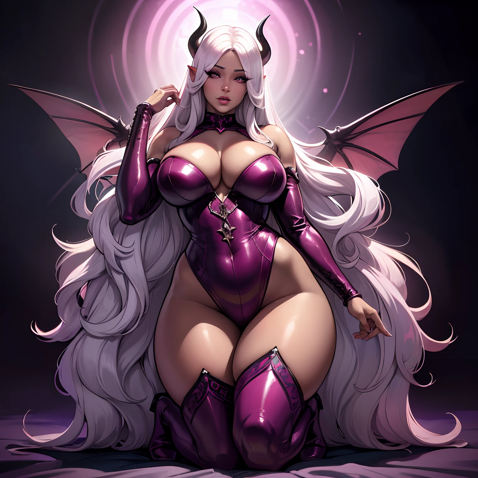 (best quality,4k,highres),ultra-detailed,(realistic:1.37),dark fantasy,chaotic,ethereal,powerful, vibrant colors, intense lighting, dramatic shadows, (HDR), (UHD), (studio lighting), (extreme detail description), (physically-based rendering), (bokeh), portraits

Thicc ebony skinned female, curvy, busty, showing cleavage, (extremely detailed eyes and face), long eyelashes, (beautiful detailed eyes), (beautiful detailed lips), succubus, long wavy white hair, wearing pink nicki minaj inspired outfit, large demon wings, showing full body