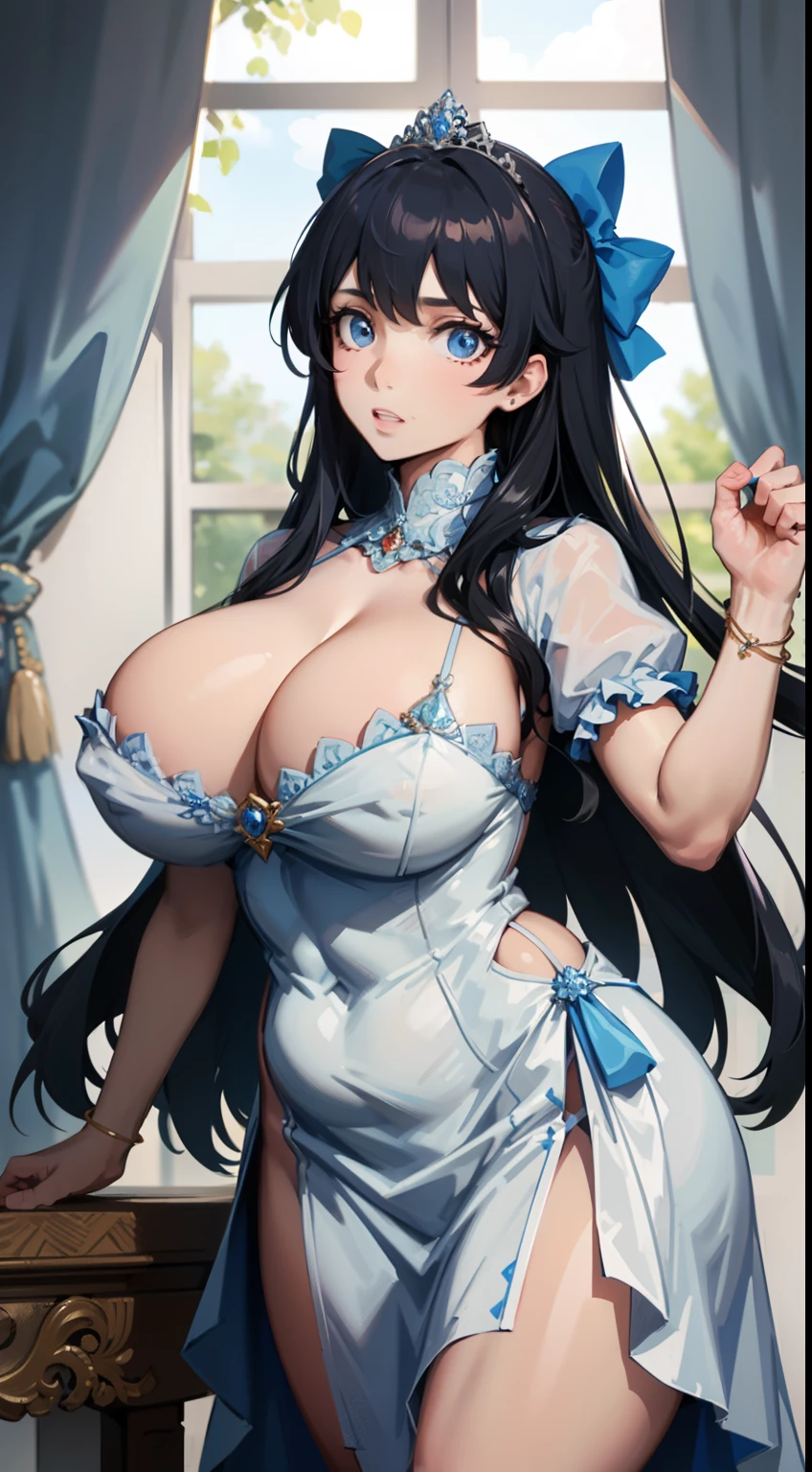 La mejor calidad, Obra maestra, Best Definition, arte, Super detailed, Muchos detalles, Detalles, Detallado,Mujer,(Una noble princesa), cuerpo completo, cuerpo completo,Cara y ojos detallados,Ojos como joyas,((tetas muy gigantescas)),escote,skindentation,(((Cabello absurdamente largo))),cabello lacio,Gorgeous super detailed ball gown with voluminous full-length underwire skirt,Beautiful rococo ball gown with large bows,Beautiful rococo ball gown with large bows,Beautiful rococo ball gown with beautiful embroidery and jewels,Volantes,Bling-bling tiara enjoyada extremadamente hermosa,todo el cuerpo,