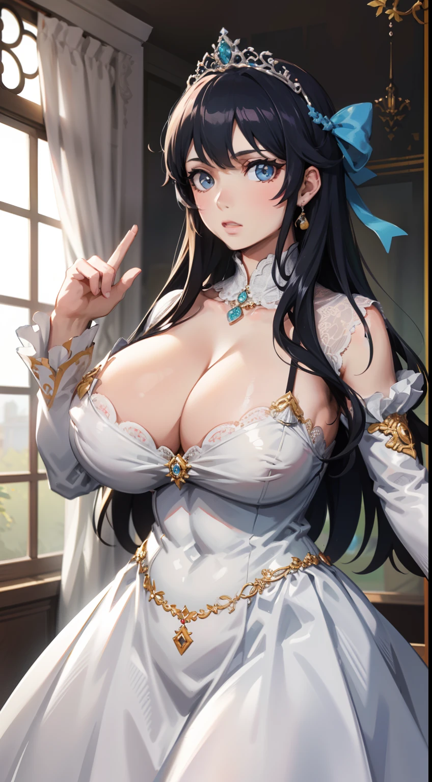 La mejor calidad, Obra maestra, Best Definition, arte, Super detailed, Muchos detalles, Detalles, Detallado,Mujer,(Una noble princesa), cuerpo completo, cuerpo completo,Cara y ojos detallados,Ojos como joyas,((tetas muy gigantescas)),escote,skindentation,(((Cabello absurdamente largo))),cabello lacio,Gorgeous super detailed ball gown with voluminous full-length underwire skirt,Beautiful rococo ball gown with large bows,Beautiful rococo ball gown with large bows,Beautiful rococo ball gown with beautiful embroidery and jewels,Volantes,Bling-bling tiara enjoyada extremadamente hermosa,todo el cuerpo,