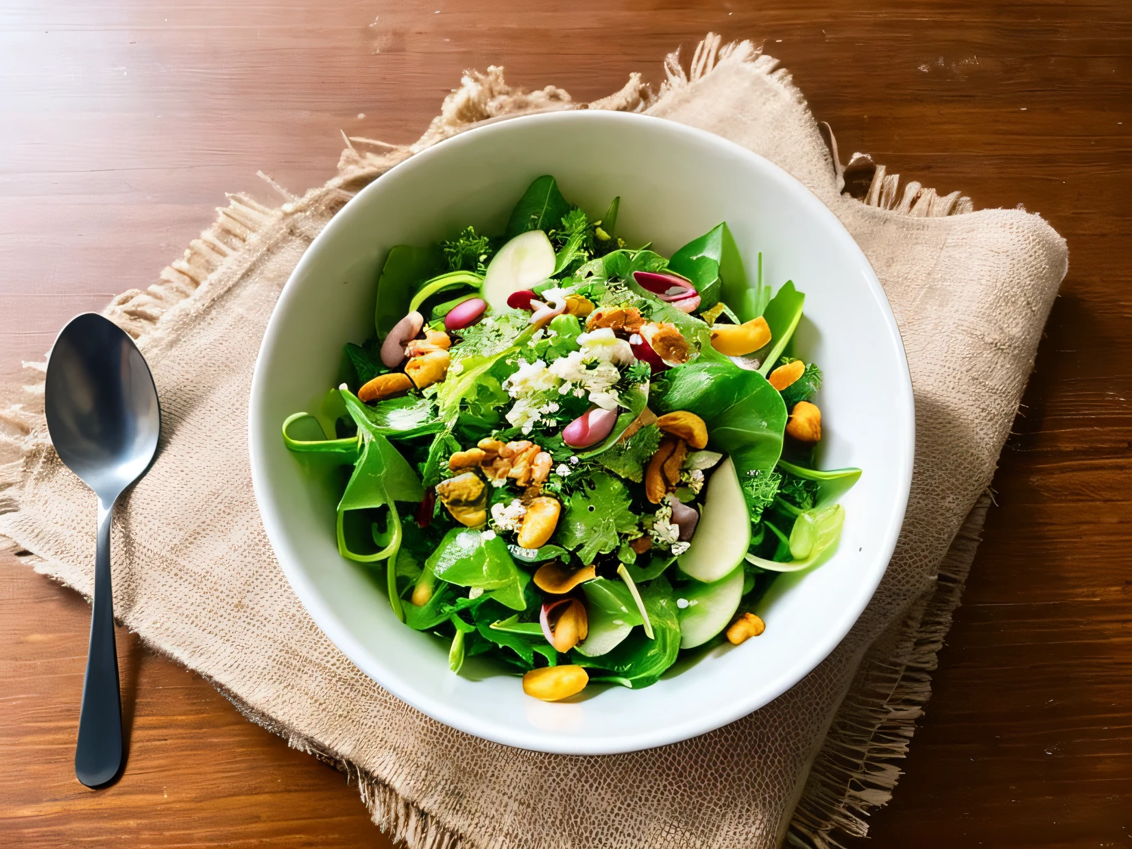 Photo of a yellow-green rich salad in a bowl on a red-brown table, with copy space, real-life level, best quality.