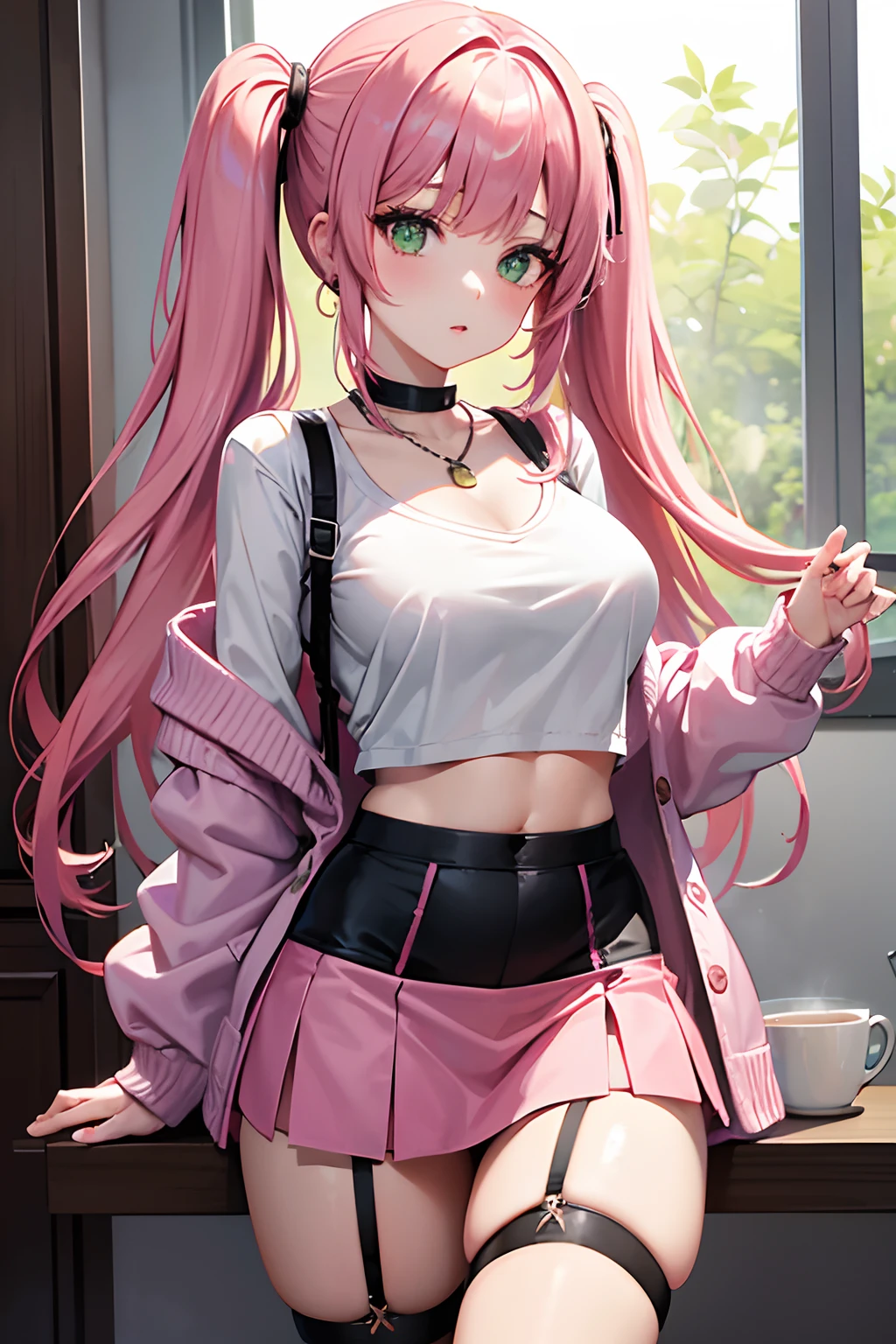1girl, masterpiece, pink hair, asian, blunt bangs, long hair, twin tails, large breasts, miniskirt, cardigan, garter belt, midriff, necklaces, green eyes,