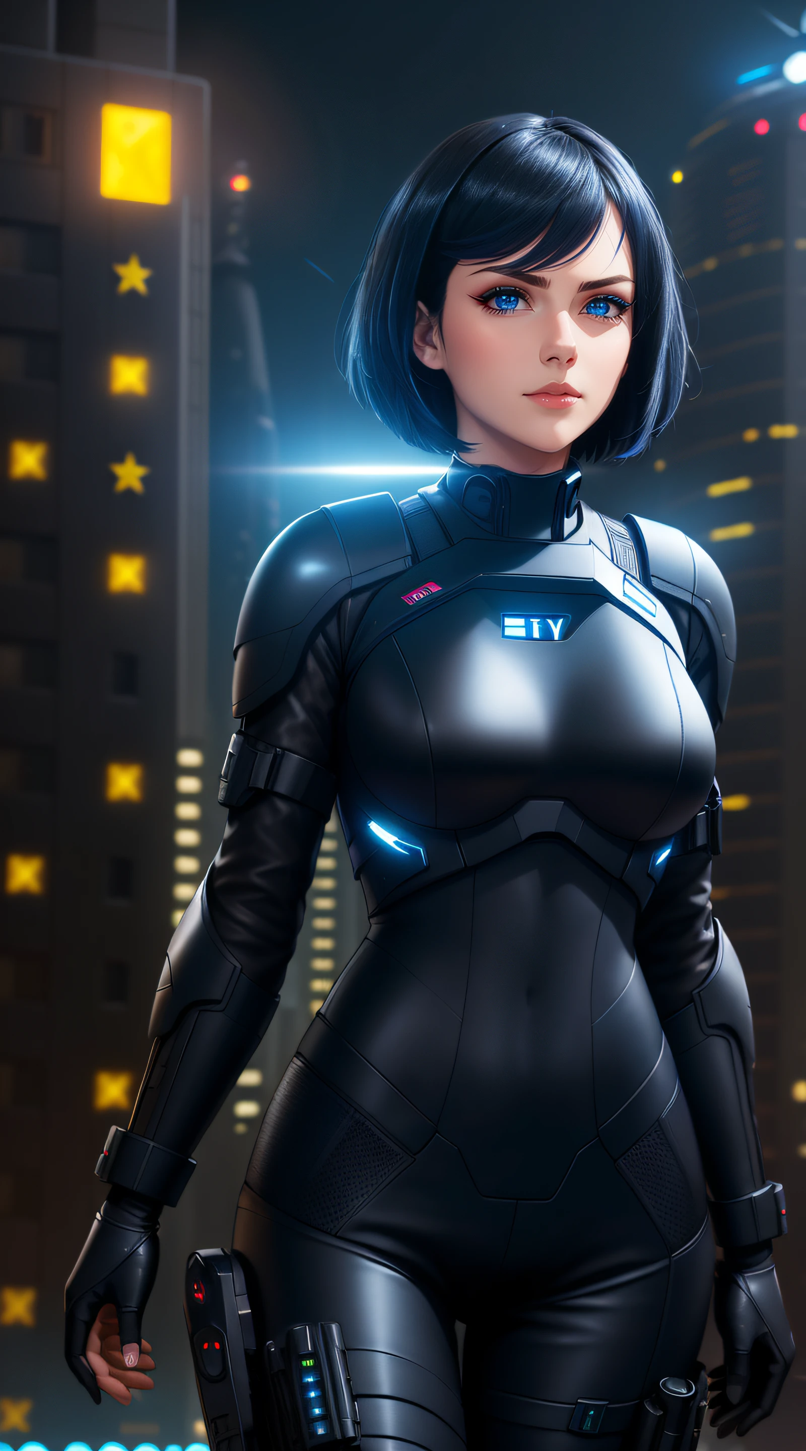 Science Fiction,Sci-Fi,Sci-Fi Movies,Foundation Movie References,Stories about Rebellion,Anti-Government Groups,25-Year-Old Woman, Full Body, Adult,Dark Blue Water-Colored Eyes,Black Bob Short Hair,leather body suit,Serious Face,Realistic Face Resolution,Realistic,Object Resolution, (dark city night black background:1.4)