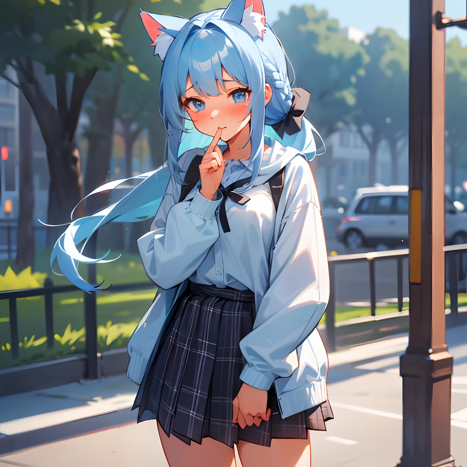 Light blue long-haired。cat ear。Her hairstyle is a braided ponytail。One part of the bangs is also braided。Clothes that emphasize the breasts with a plaid pattern。Plaid miniskirt。Pants can be seen at a glance。The expression is embarrassed。blushing。I'm trying to kiss you。The place is a park