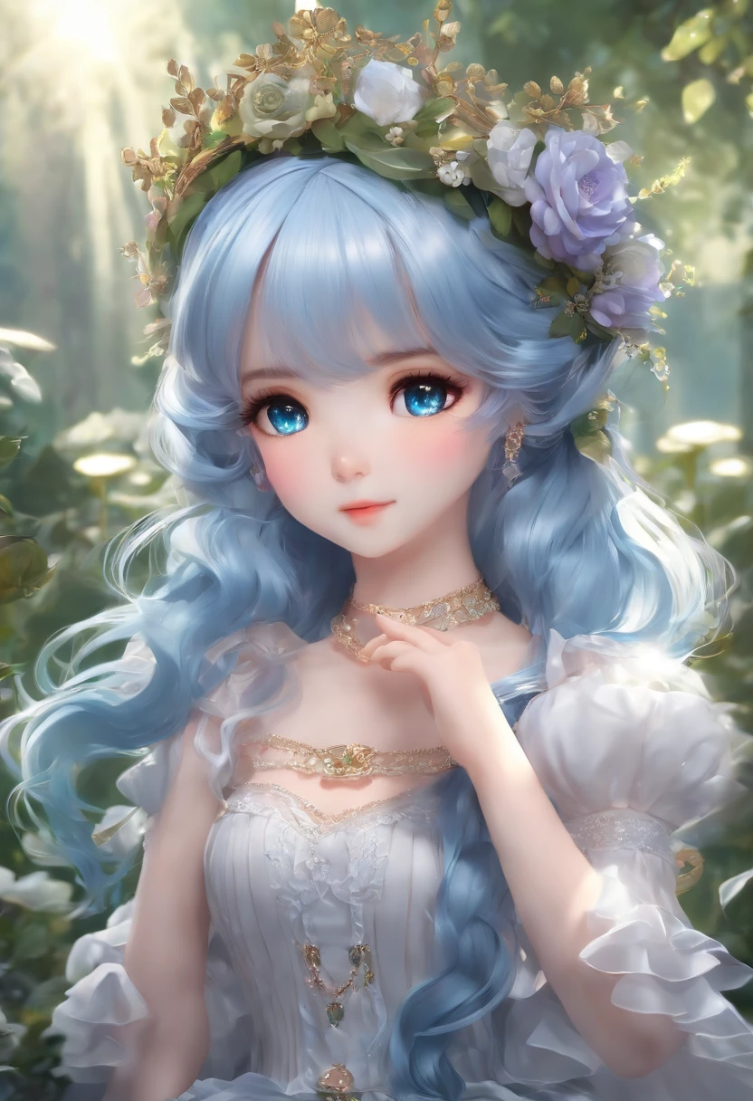 (The artwork), (Amazing work), (Indirect linear lighting), (Chibi Cute Studio), (Cute anime gifs), (Nice Pretty Kawaii), (Highly detailed wallpapers of CG 8k units), (1girl in) Wearing a beautiful dress, Cute ruffled tiara and long blue hair, Wear silk gloves, de pele branca, Green Blue Eyes, (Pretty cute)