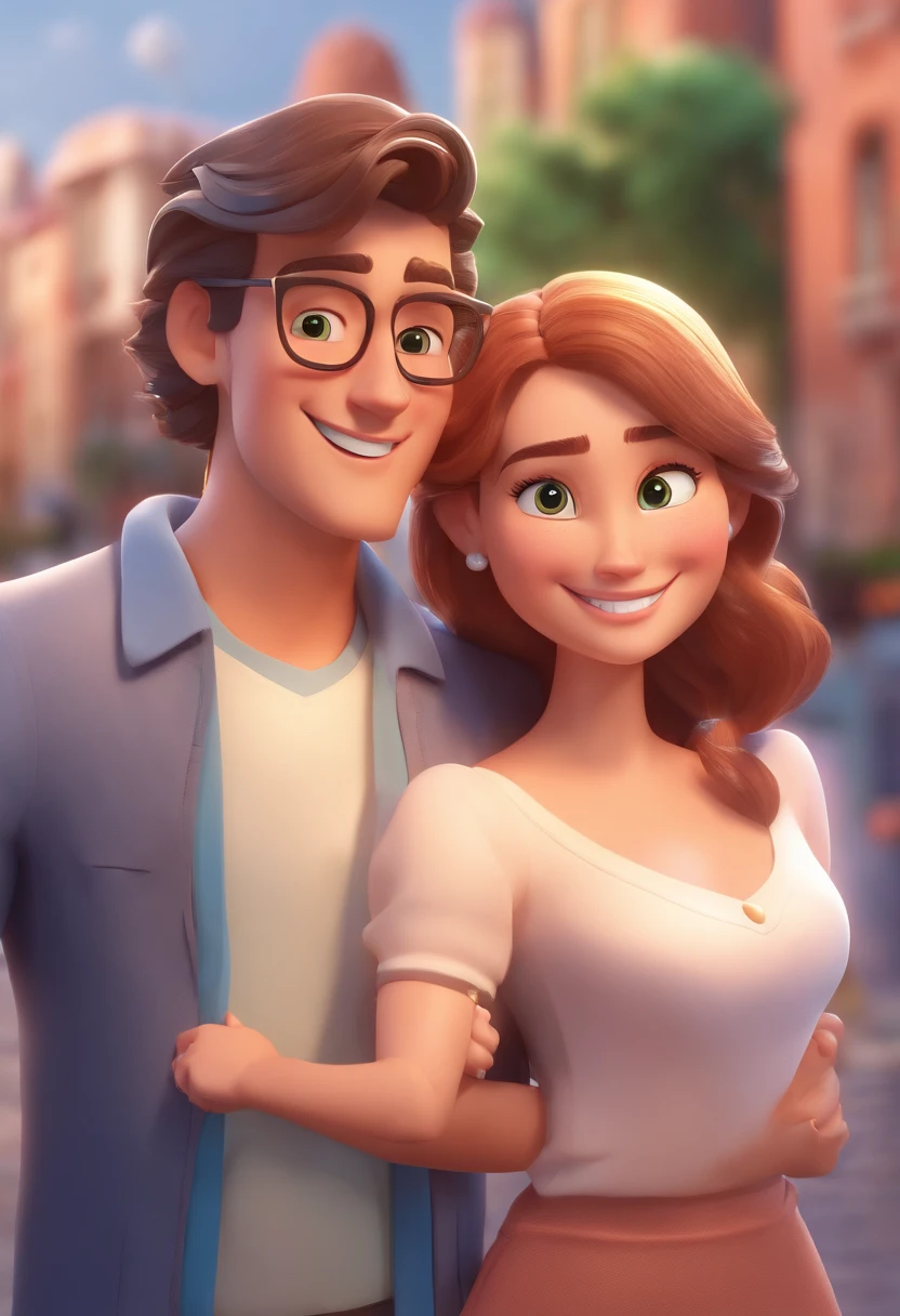 An illustration of an adorable couple, Highlight for a white man with a smiling bespectacled beard and a white woman with beautiful expressive green eyes - the man's skin is brown and the man's hair haswhile the woman's skin is black and the woman's hair is long and black. They are a bright room, cada um com um sorriso no rosto, e compartilhar um momento especial caracterizado pelo amor, Insights. Illustrate this scene from a perspective where they are facing the camera, Smiling and Showing Your Connection. Desenvolva esta arte em Full HD, Focus on your cinematic touch, Estilo Disney Pixar Animations
