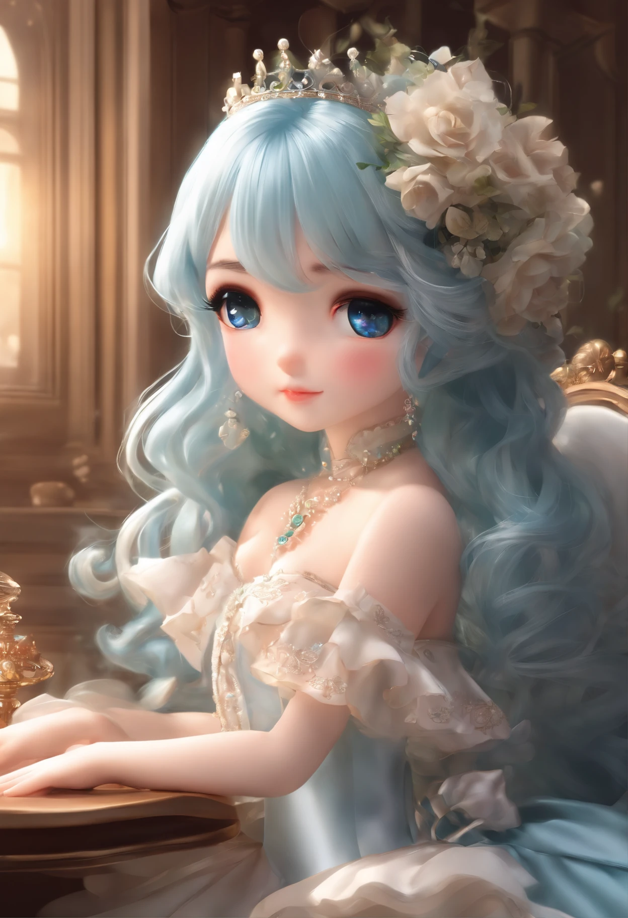 (The artwork), (Amazing work), (Indirect linear lighting), (Chibi Cute Studio), (Cute anime gifs), (Nice Pretty Kawaii), (Highly detailed wallpapers of CG 8k units), (1girl in) Wearing a beautiful dress, Cute ruffled tiara and long blue hair, Wear silk gloves, de pele branca, Green Blue Eyes, (Pretty cute)