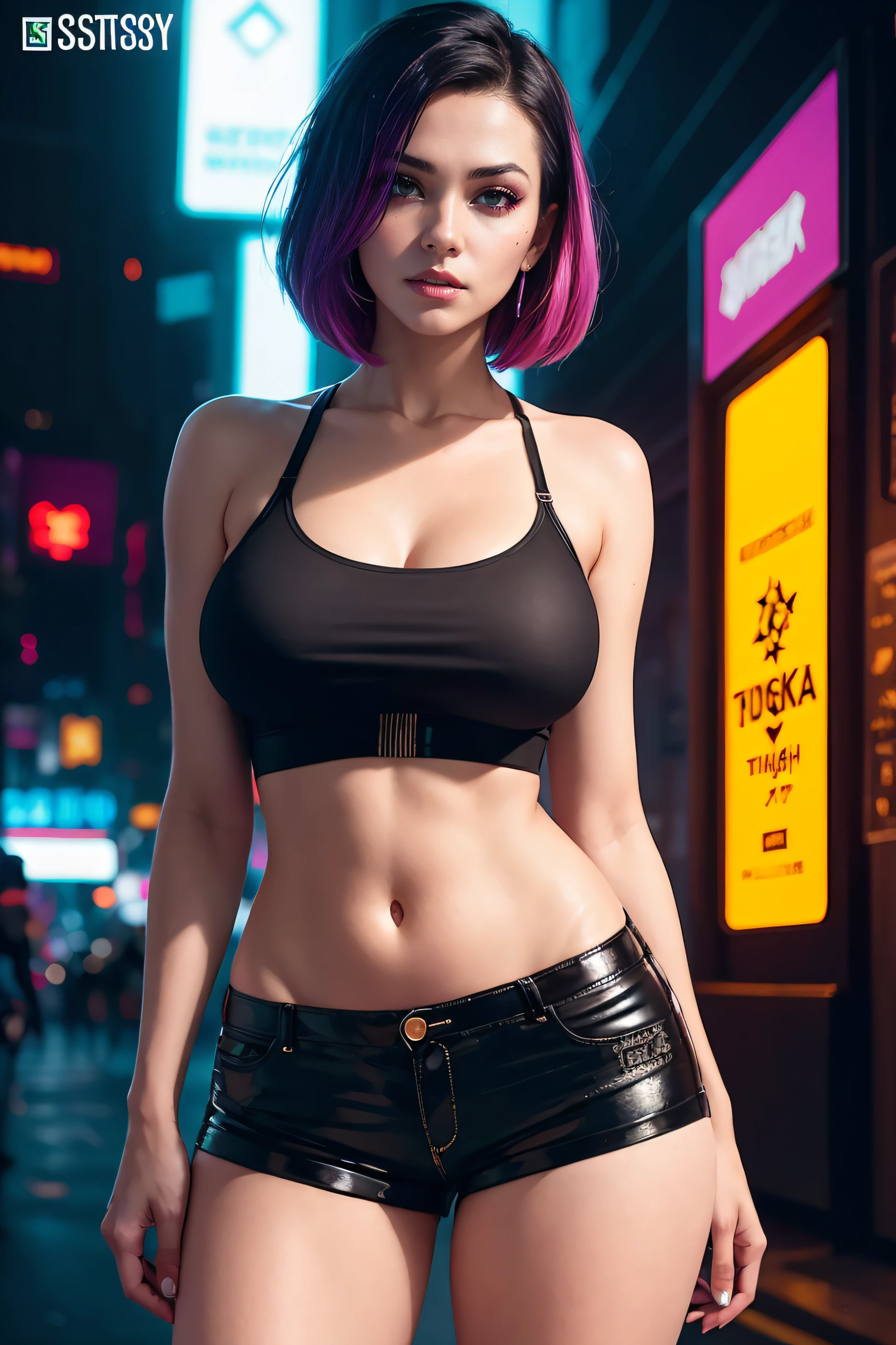 there is a woman standing with a rainbow light, 3 d neon art of a womans body, neon-noir background, cyberpunk femme fatale, seductive cyberpunk dark fantasy, ((tight shorts:1.4)), cyberpunk strip clubs, cyberpunk 20 y. o model girl, oppai cyberpunk, banner, high definition cgsociety, cgsociety masterpiece, trending on cgstation, kda