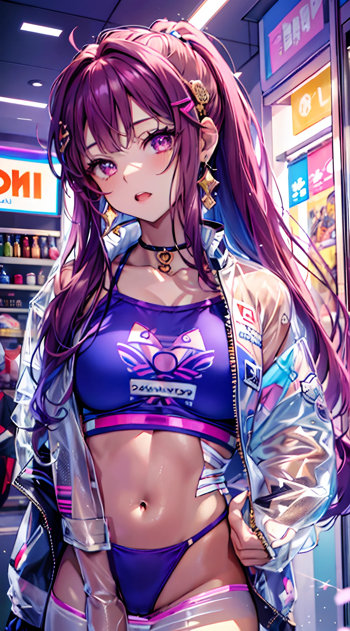 ((Masterpiece)), best quality, absurderes, ultra detailed, holographic, cowboy shot, golden ratio, super cute girl, mature girl, idol girl, super beautiful asian girl with very beautiful violet glowing eyes, beautiful glowing brown multicolored hair, high ponytail, nice and sexy body, slim body, perfect body, wearing a super tight anime printed leotard, an anime printed super tight off shoulder long sleeve crop top, a super aesthetic transparent mini jacket, beautiful hair ornament, pink jordan tennis, being photographed in a mall shop, pulling down shorts showing thong panties
